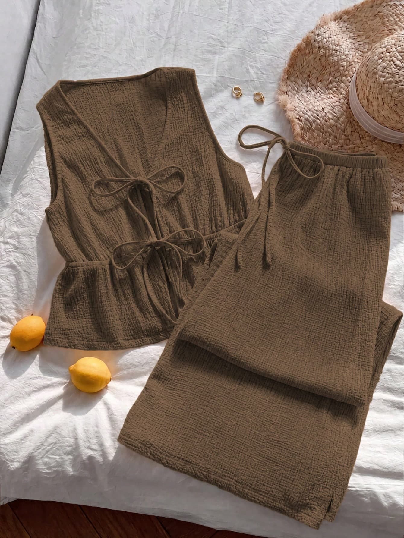 Comfortcana Women's Casual Vacation Minimalist Solid Color V-Neck Tie Front Sleeveless Peplum Top & Wide Leg Pants Set, Spring/Summer
