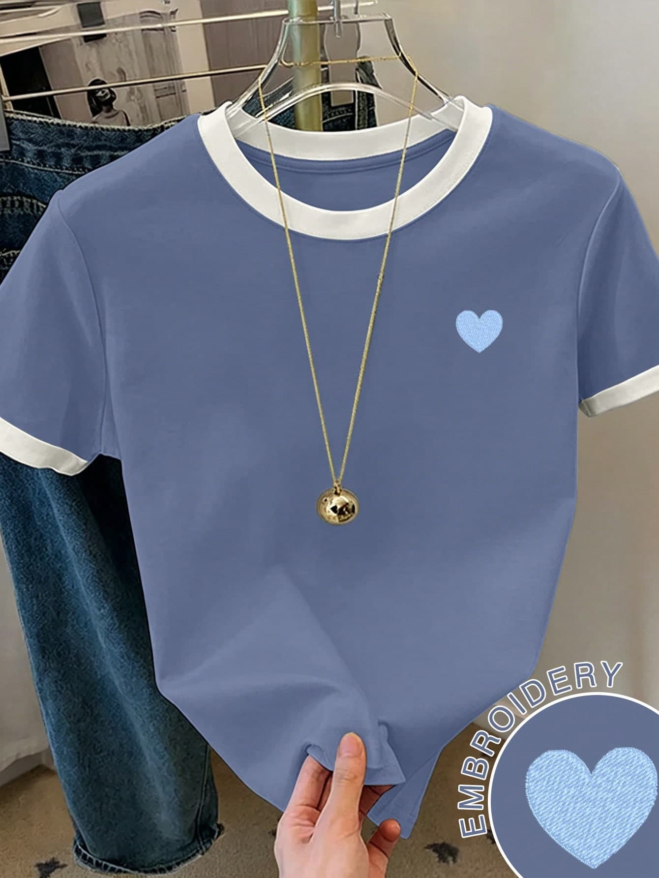 Franclia Women's Color Block Heart Print Short Sleeve Casual Round Neck T-Shirt