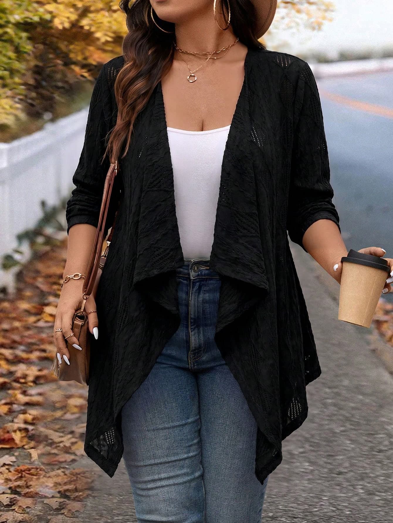 SHEIN VCAY Plus Size Winter Fashion Asymmetric Collar Design Long Knit Cardigan For Going Out And Work Fall