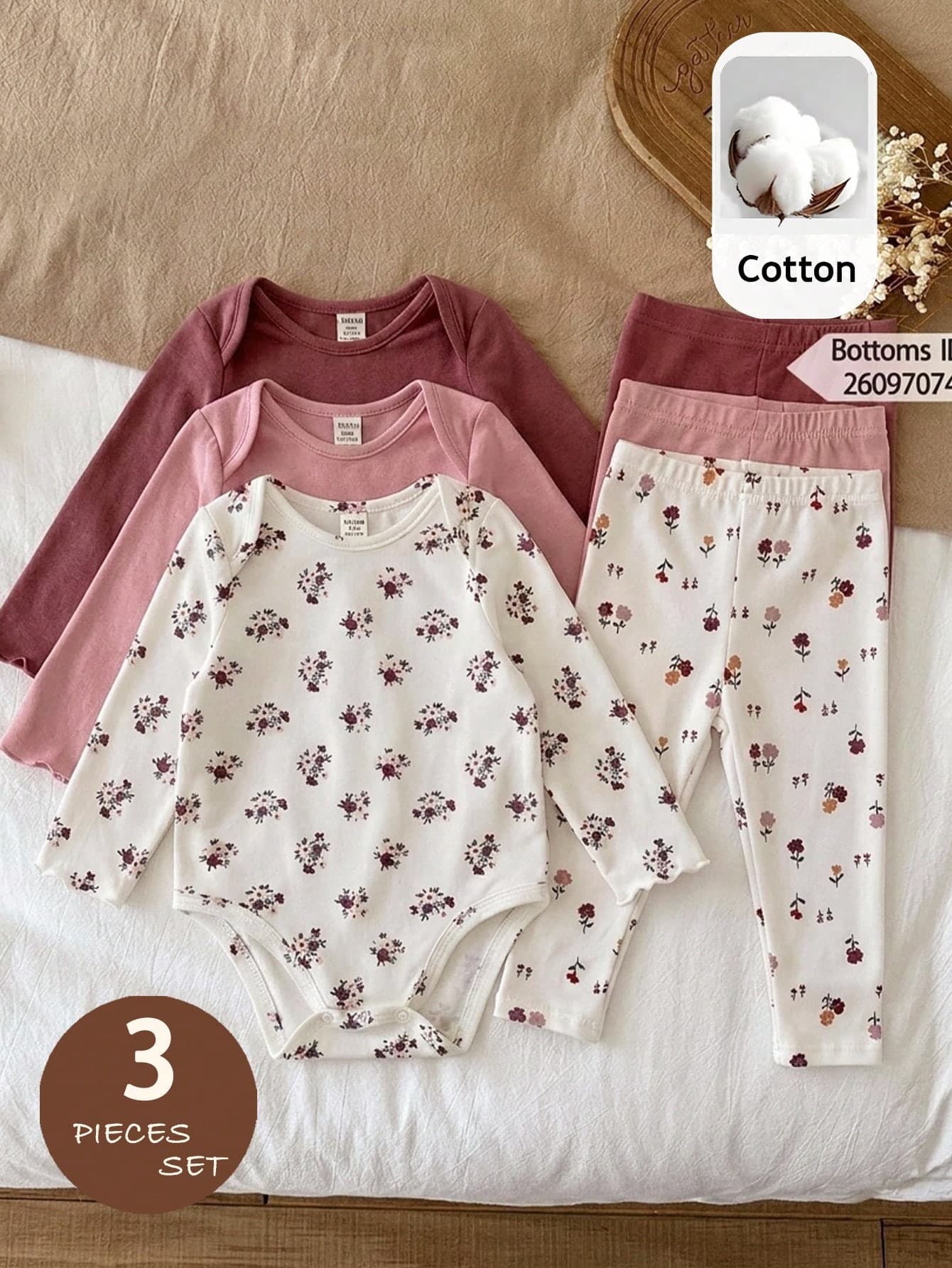 LMoss Kids Baby Girl 3pcs Cute Casual Elastic Knit Ditsy Floral Long Sleeve Autumn Bodysuit