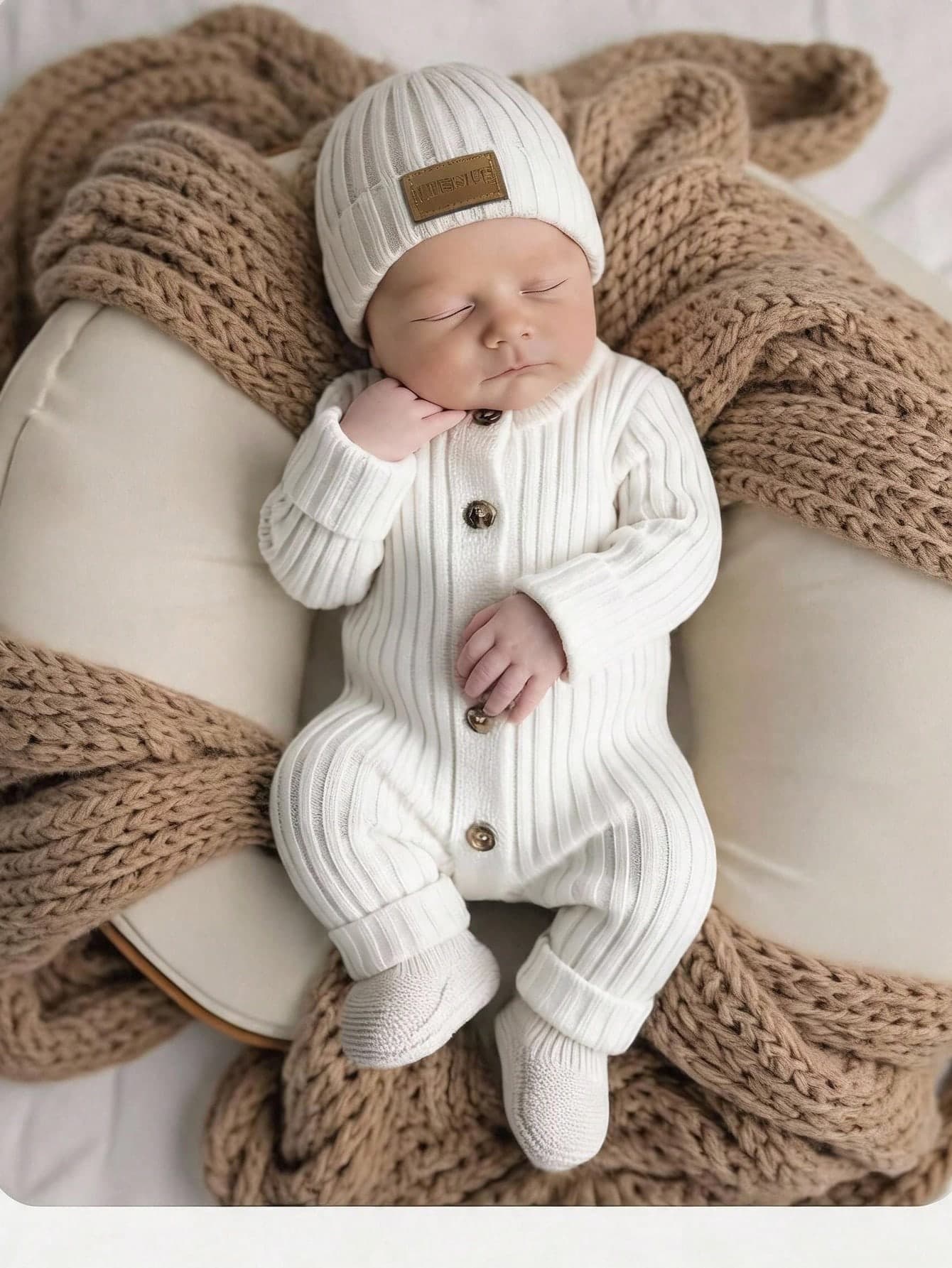 SHEIN Newborn Baby Girl Cute Autumn/Winter Versatile Knitted Simple Romper Crawl Suit Footed Hat Set
