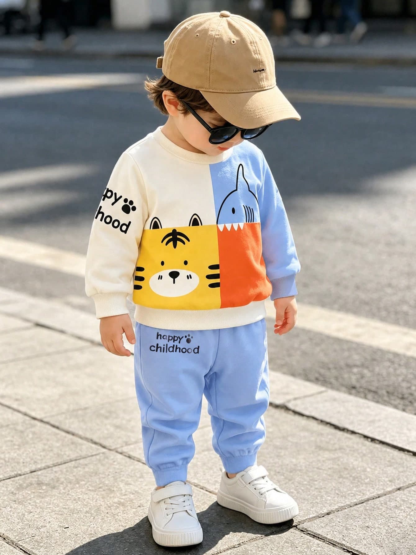 SHEIN Playful Pals 2pcs/Set Baby Boy Toddler Casual Cute Animal Print Long Sleeve Crew Neck Pullover Sweatshirt And Sweatpants Joggers Outfit, Baby Spring Autumn Winter Set, Baby Boy Clothing