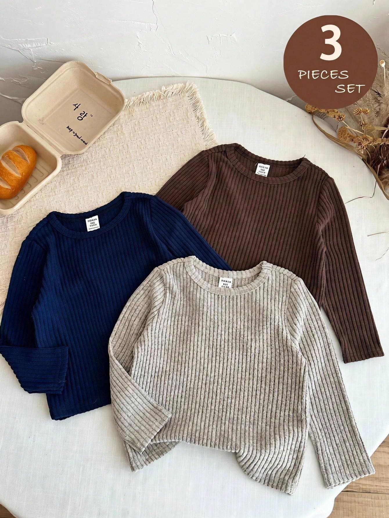 LMoss Kids Baby Boy Knit Solid Color Crew Neck Casual Top 3pcs -Piece Set