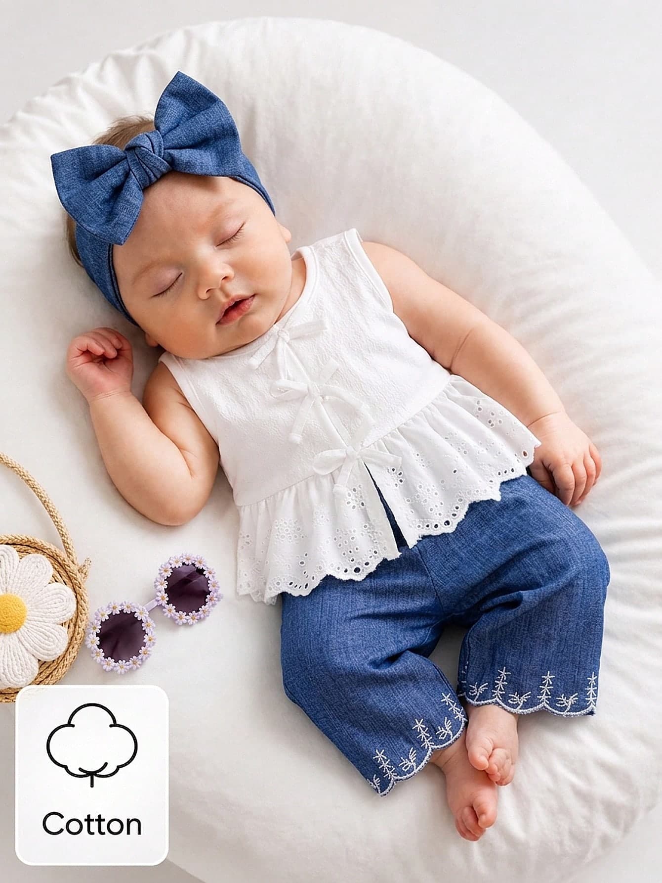 SHEIN Newborn Baby Girl Outfit Blue And White Stripe Summer Cute Baby Shower Sleeveless Top With Lace