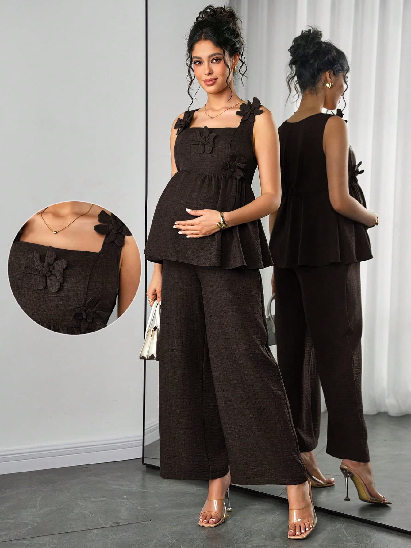 Momance 2pcs Maternity Set Sleeveless Square Neck A-Line 3D Floral Tank Top & Waist Gathered Straight Leg Pants Comfortable Maternity Business Casual Elegant