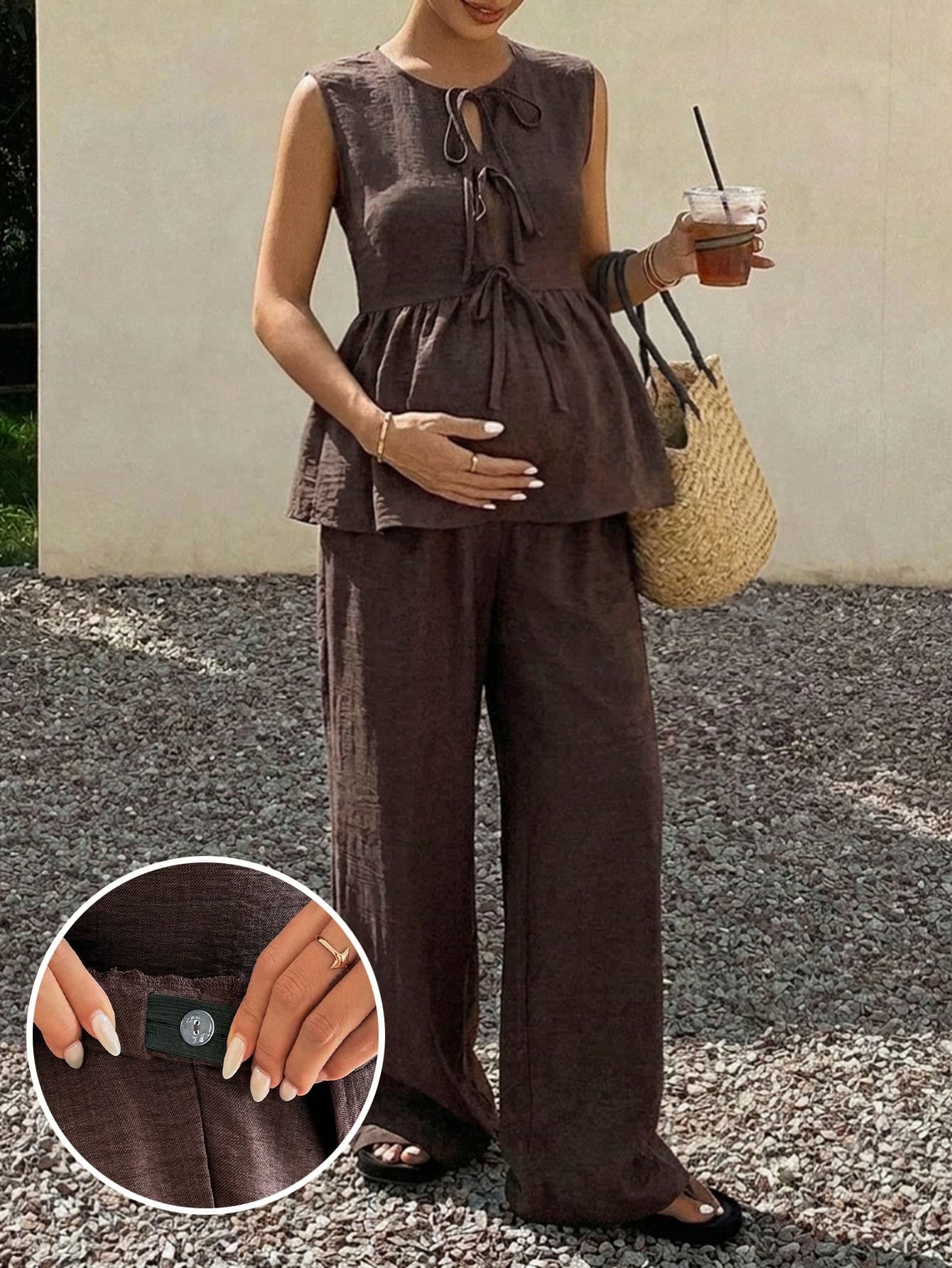 Dazy Maternity Solid Color Casual Round Neck Tie Sleeveless Top & Long Casual Pants, Vacation Style Daily Wear, Brown Spring/Summer Maternity 2-Piece Set