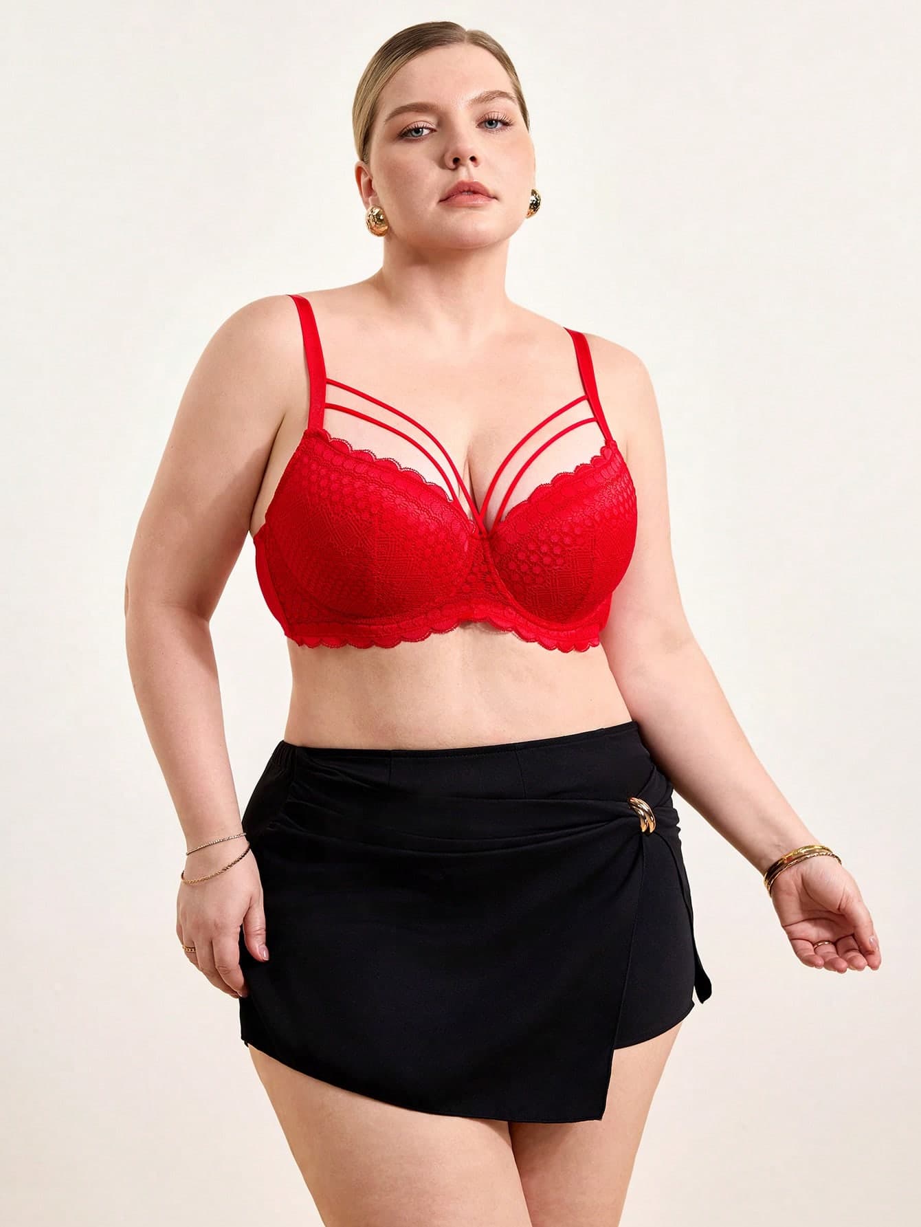 Hourtrue MIMILEMON Plus Size Red Lace Padded Underwire Bra