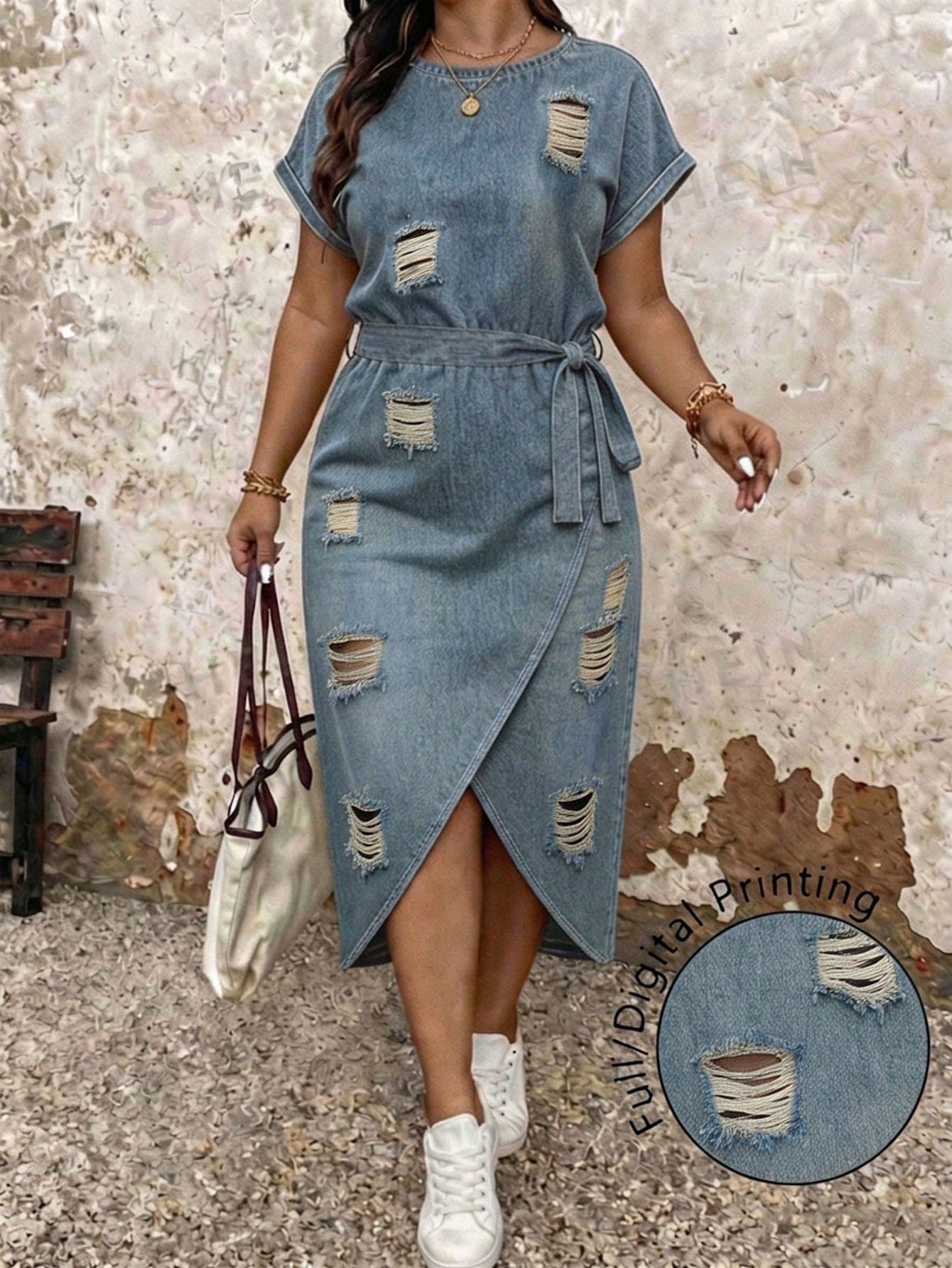 Breezaya Plus Size Women's Round Neck Short Sleeve Distressed Design Denim Effect Print Casual Dress