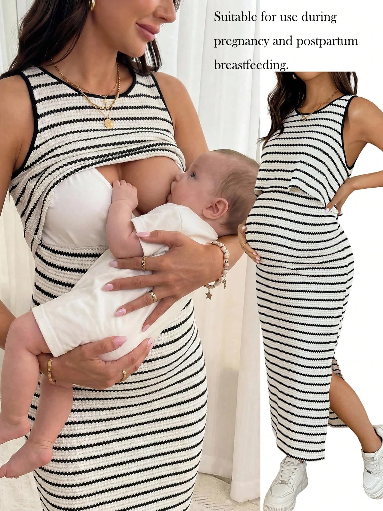 SHEIN Pregnant Women Black Striped Texture Sleeveless Maternity Nursing Dress, Summer Casual World Cup