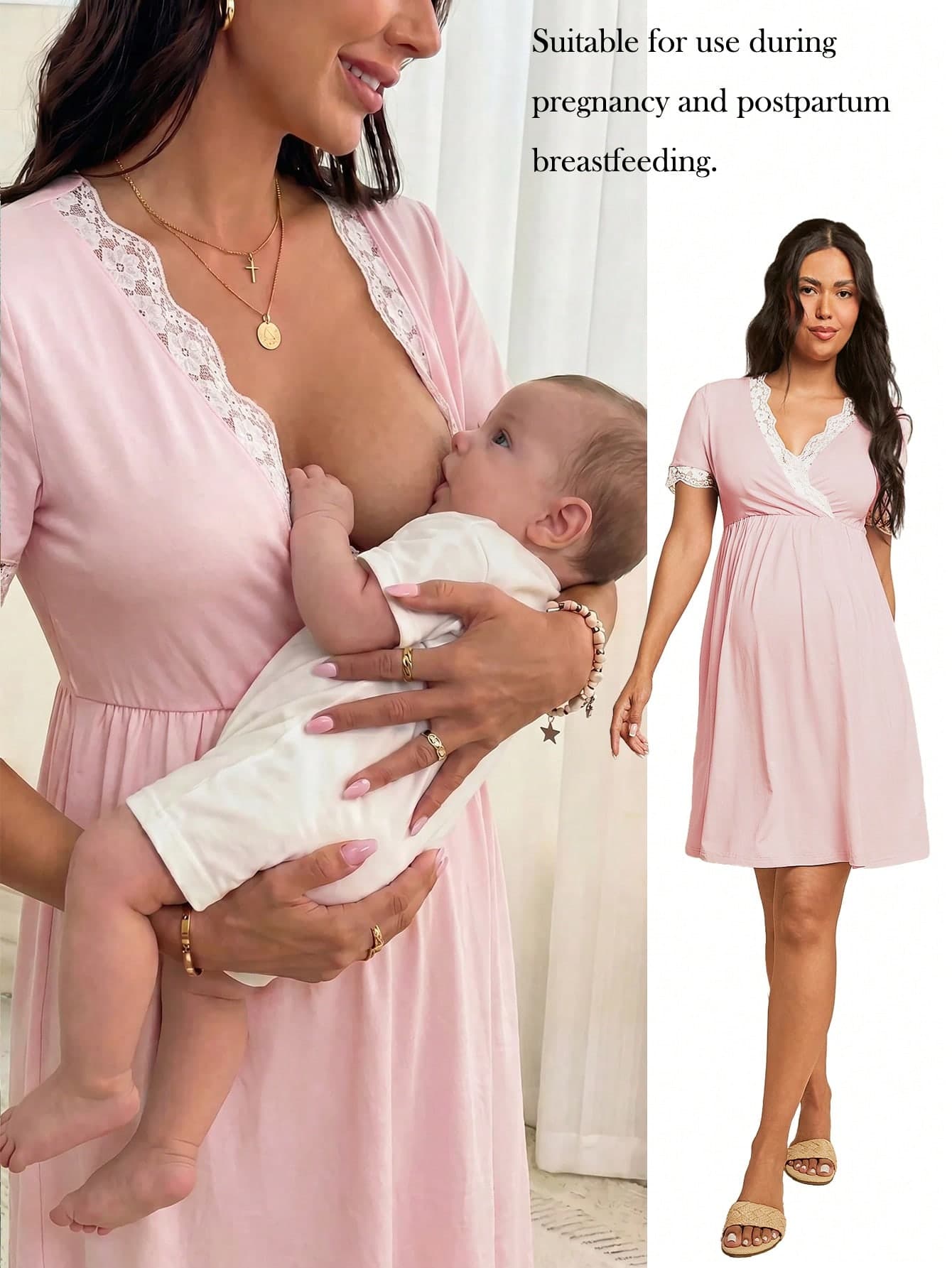 SHEIN Maternity V-Neck Short Sleeve Nursing Dress With Contrast Lace