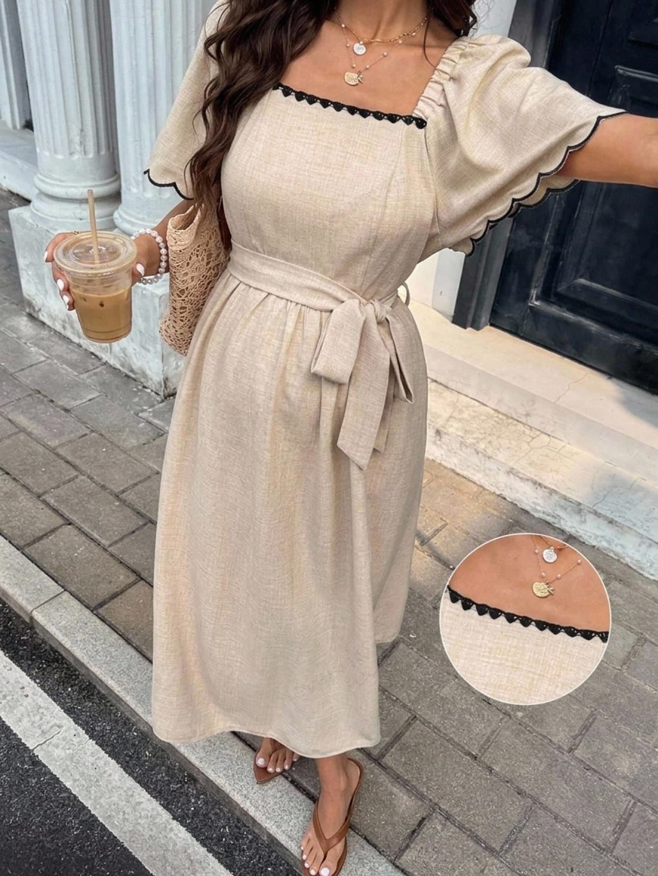 SHEIN Maternity Floral Trim Square Neck Short Sleeve Tie Waist Dress
