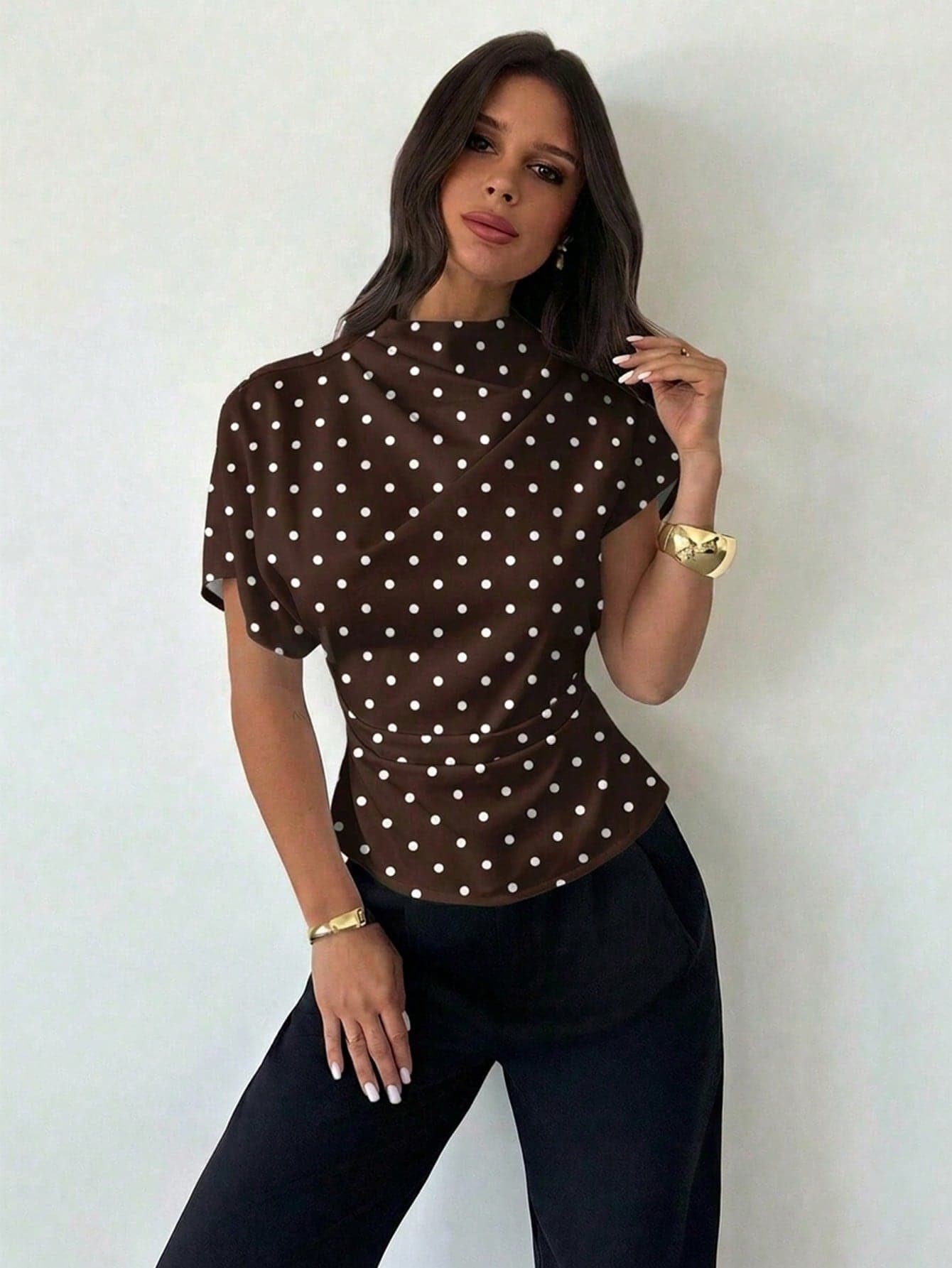 Firerie Brown Polka Dot Summer Elegant Formal Blouse,Ruched Collar Asymmetrical Sleeve Side Ruched Waist Slim Fit Top,Vintage Commuting French Riviera Holiday