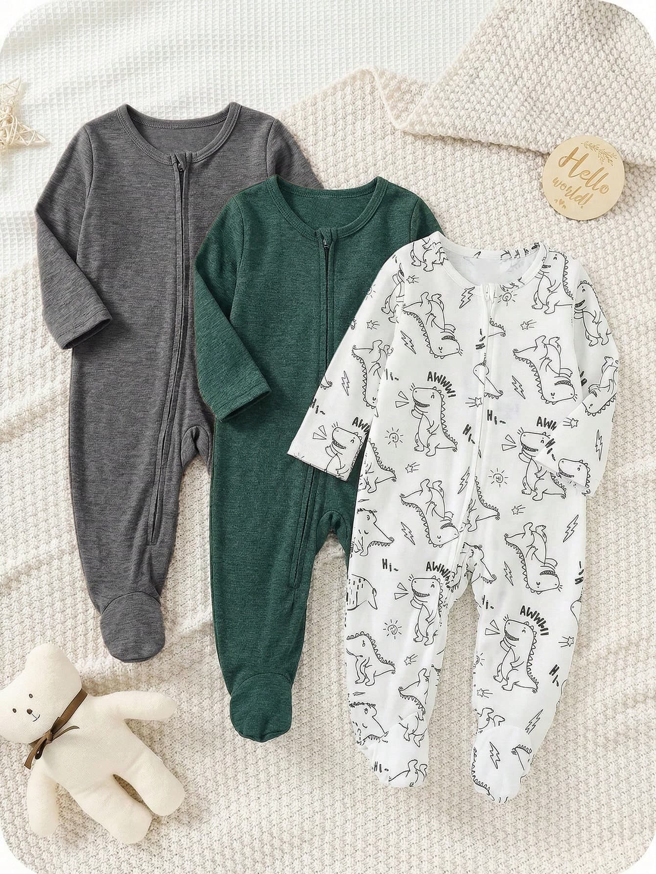 SHEIN 3pcs Newborn Baby Boy Baby Girl Cute Knitted Casual Kawaii Cartoon Pattern Long Sleeve Footed Rompers Home Wear Unisex Baby Clothes Autumn Night Green