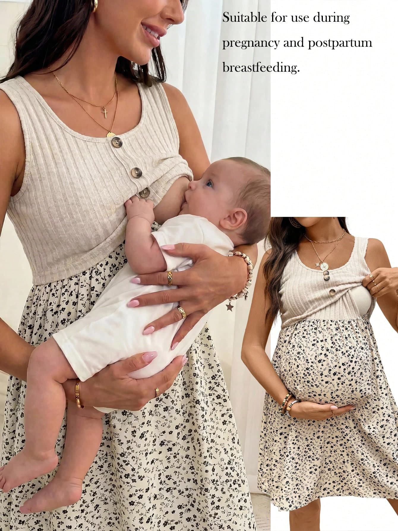 SHEIN Cream Yellow Floral Patchwork Round Neck Sleeveless Front Center Fake Placket Maternity Nursing Dress Summer Dresses For Women
