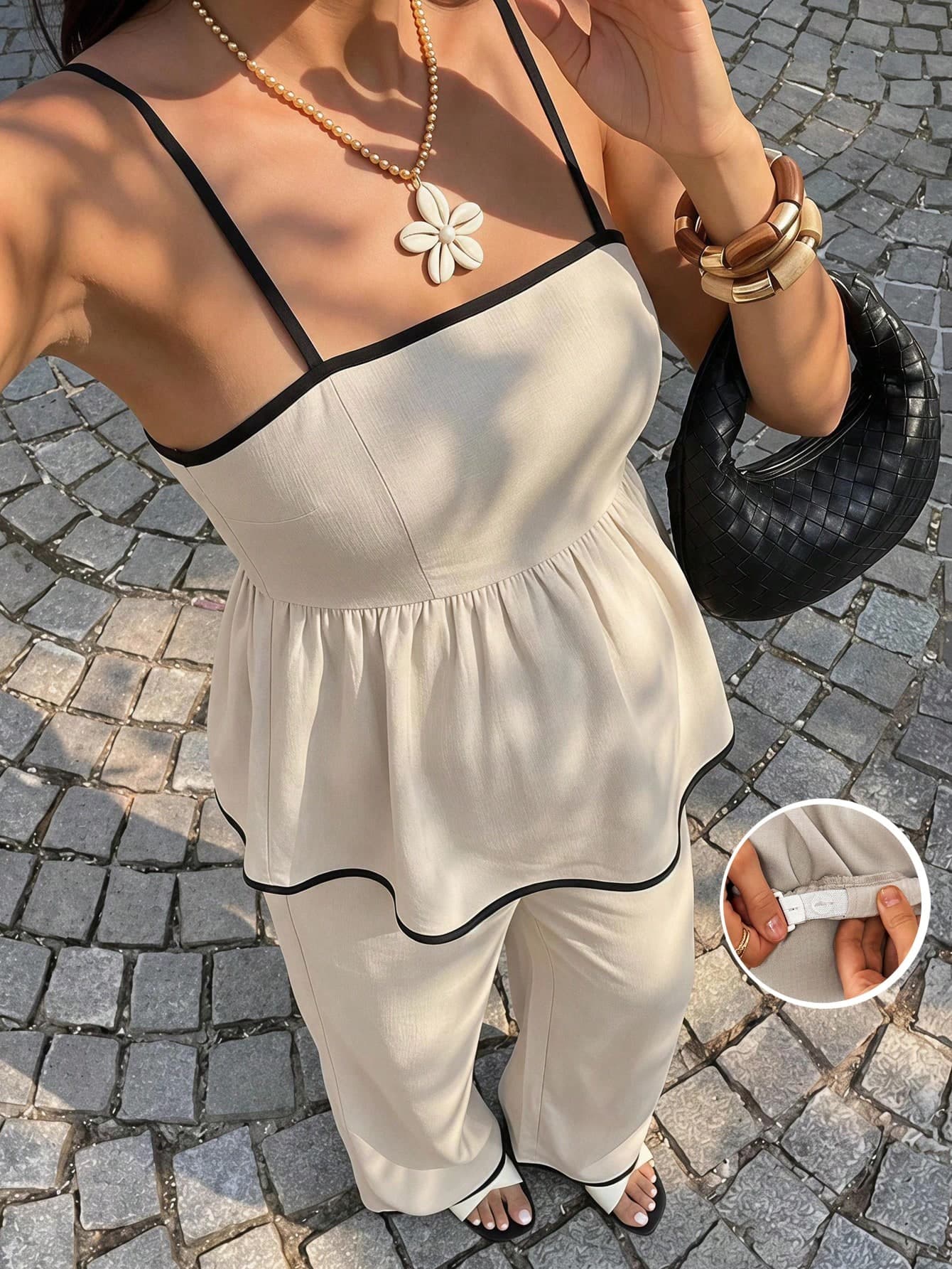 SHEIN A Casual Two-Piece Set Featuring A Khaki And Black-Trimmed Ruffled Camisole And Adjustable Waist Trousers, Perfect For Commuting Or Dates.