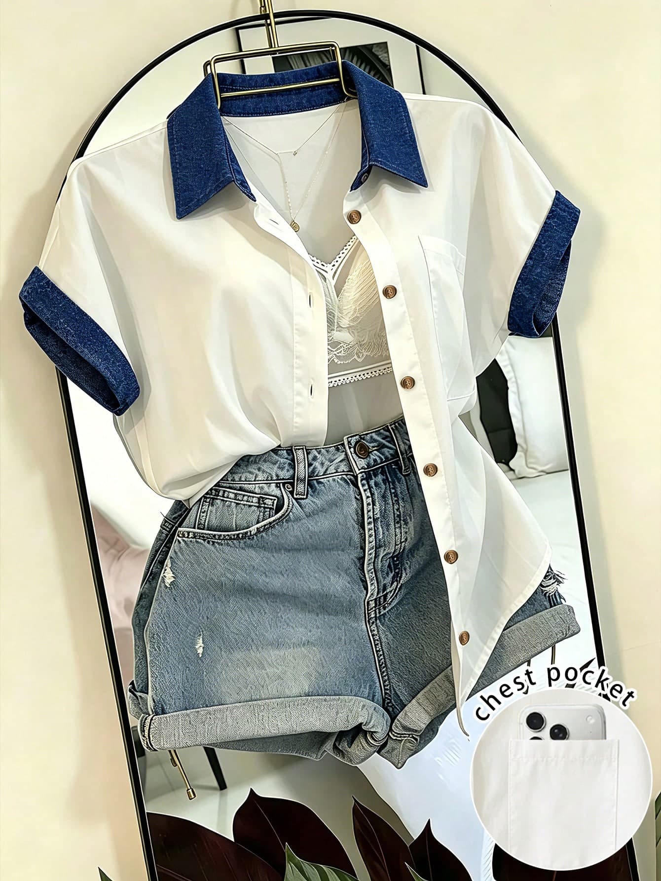EMERY ROSE Colorblock Patchwork Short Sleeve Casual Vacation Shirt