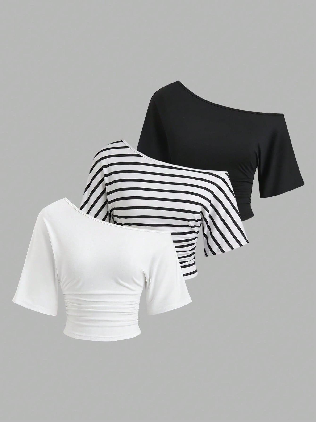 Sweetra Plus Size Women's Spring/Summer 3-Piece T-Shirt Set, One Shoulder Short Sleeve Asymmetric Pleated Ruched Elegant Vintage Cute Casual Vacation Homewear