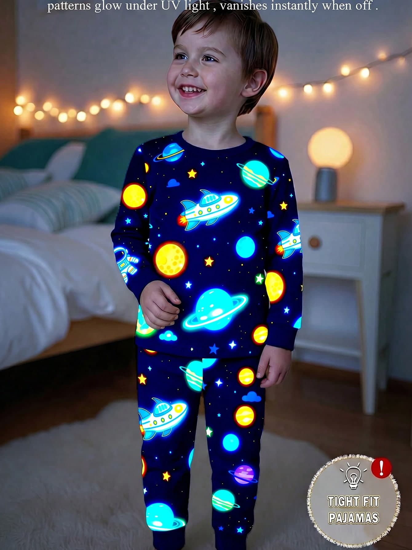Boys' Colorful Spaceship Print UV Light Glow-In-The-Dark Fun Deep Blue Background Knit Stretch Fitted Fabric Comfortable Soft Long Sleeve Pants 2 Pieces Set Loungewear Pajamas