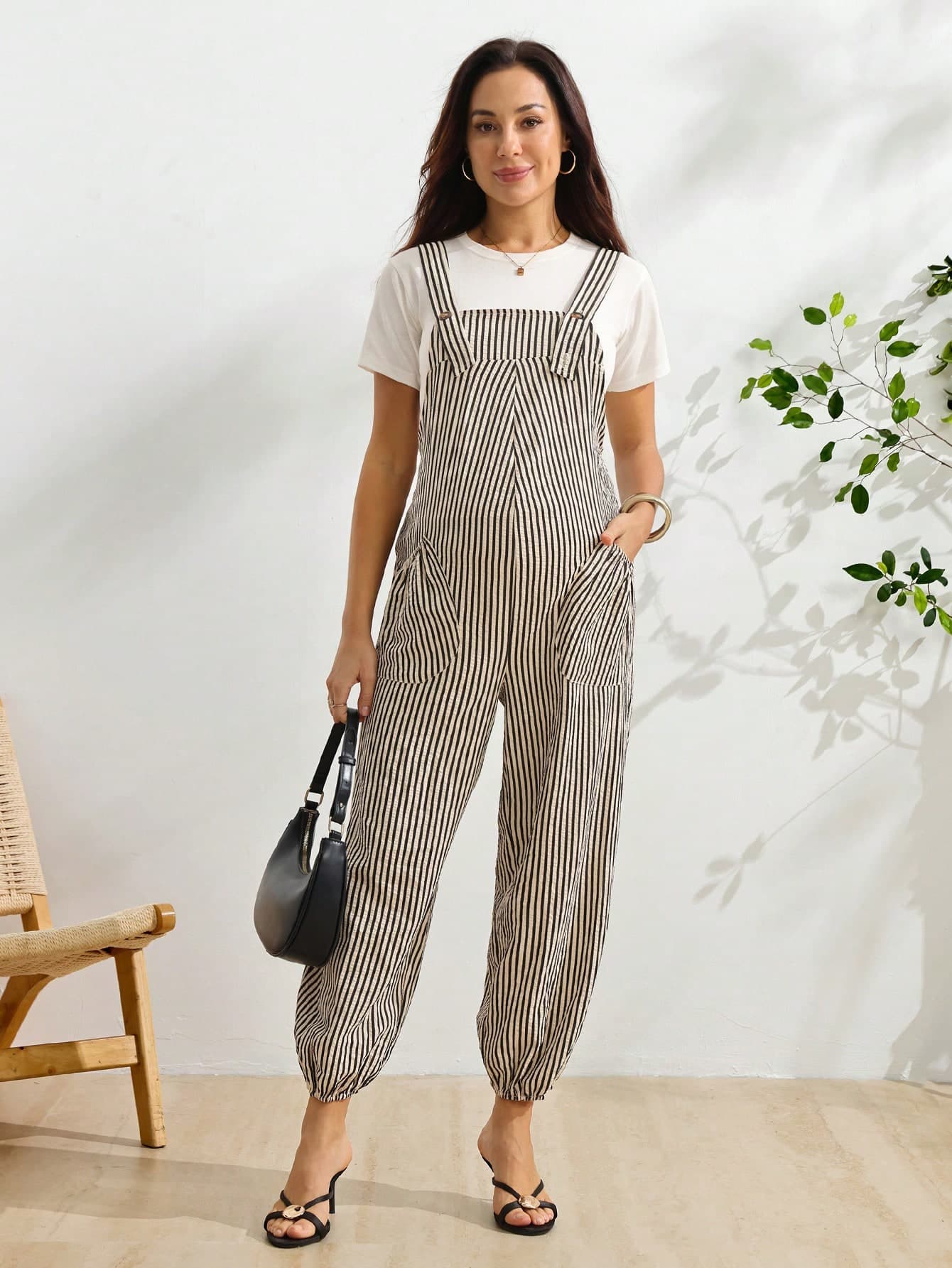 SHEIN Maternity Striped Jumpsuit For Vacation And Casual Wear Fall