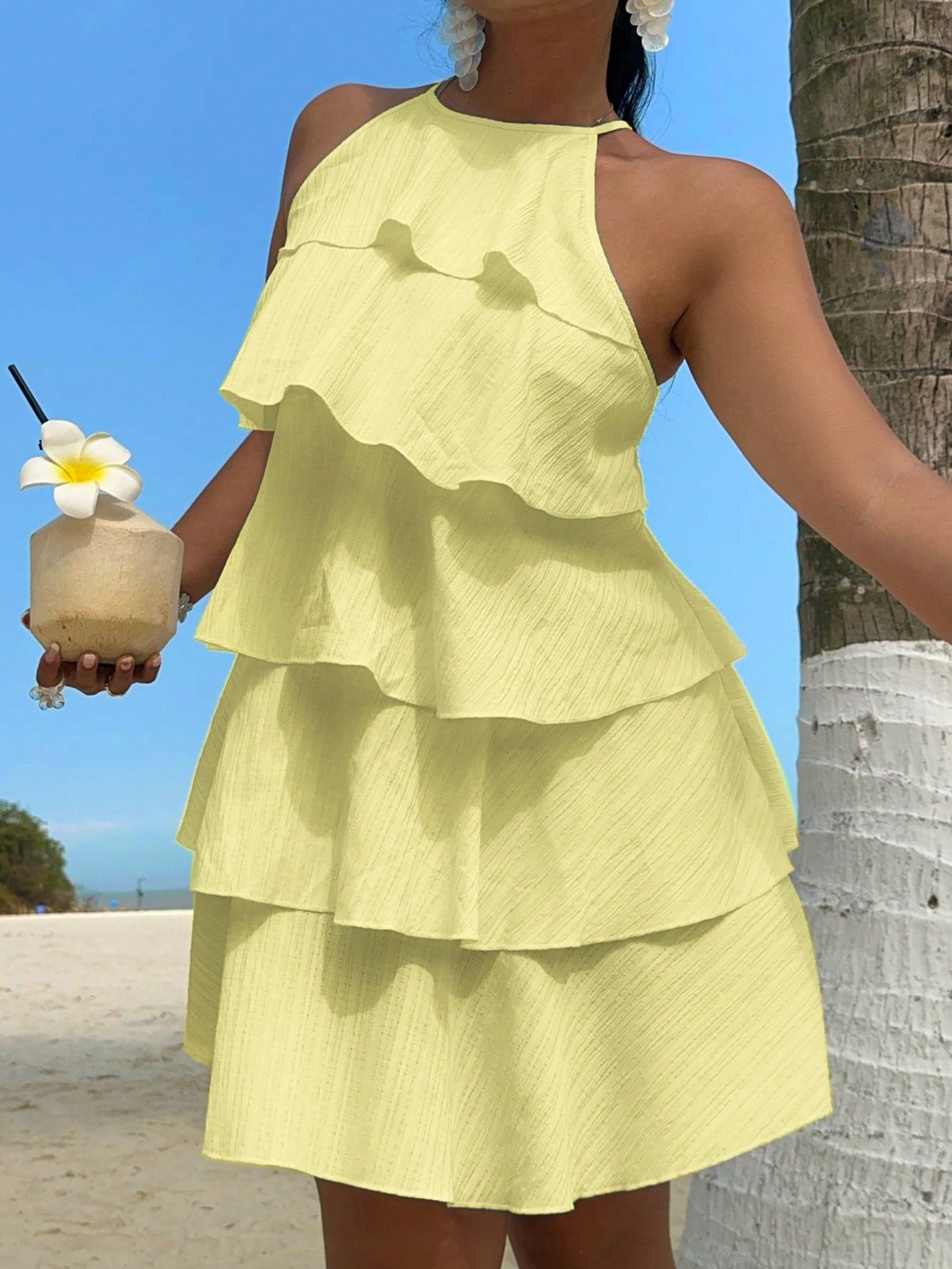 Sunnyshic Plus Size Women's Casual 5-Layer Tiered Halter Neck Dress, Cute & Comfortable, Spring/Summer Vacation