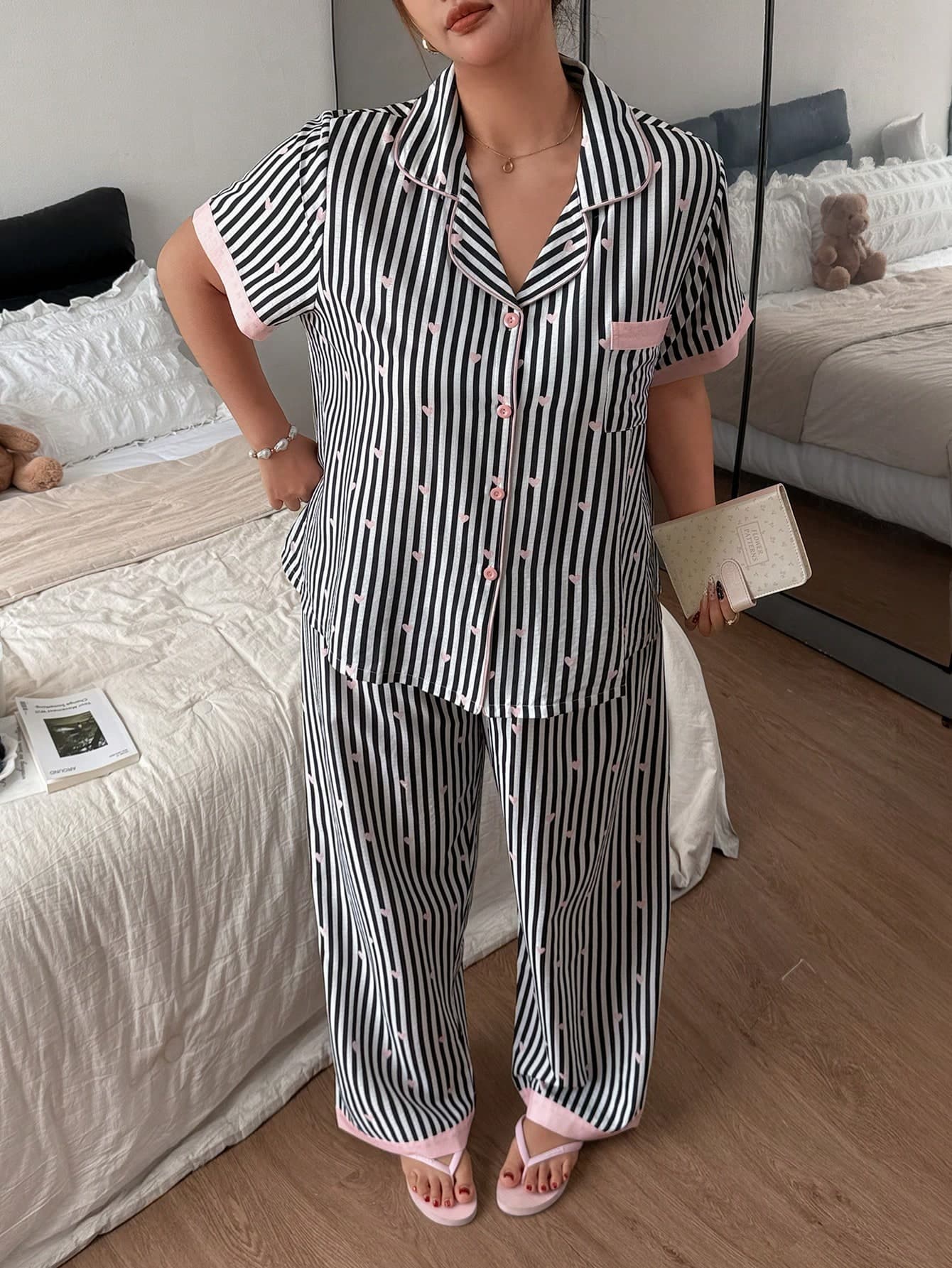 Napfluff CURVE Napfluff CURVE Striped Heart Print Collared Cardigan Puff Crepe Plus Size Pajama Set