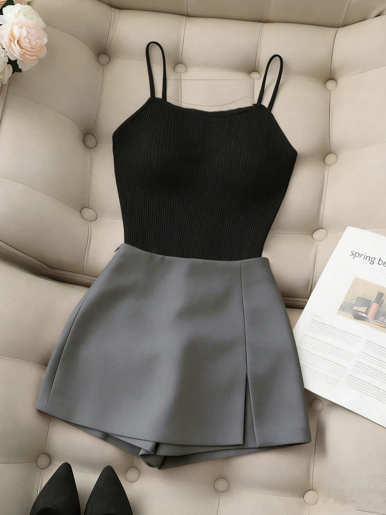 Franclia Women's Chic Summer 2 Pieces Set,Black Fitted Camisole Top & Grey Culottes Skirt,High Waist Slit Shorts Set For Night Out,Work Office Suit