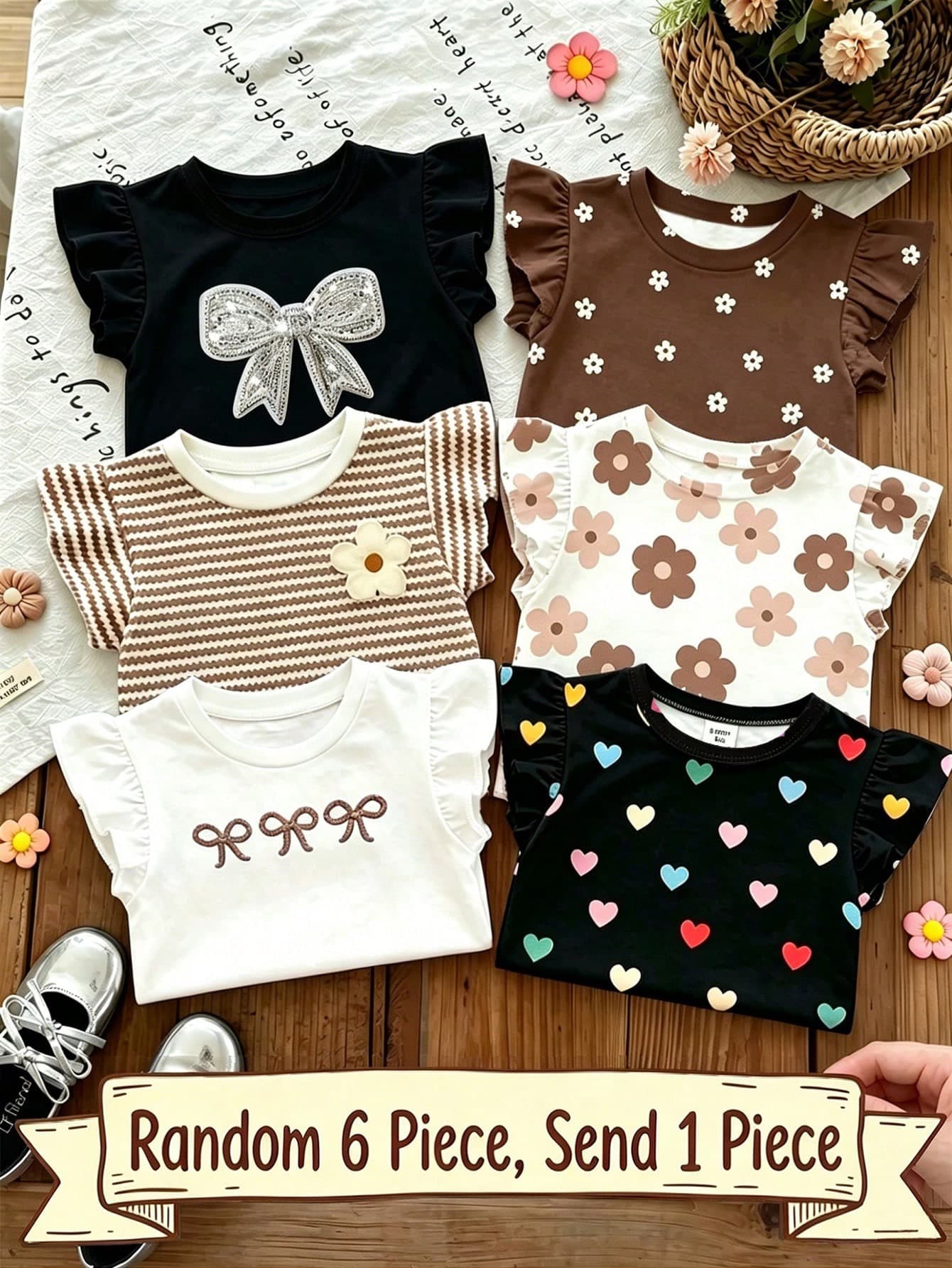 Souflis Souflis 6pcs Randomly Sent Baby Girl 1pc; Dark Color 1pc, Bohemian Ditsy Floral, Brown Stripes, 3D Bow Pattern, Casual Simple Versatile Round Neck Flutter Sleeve Top T-Shirt 1pc Suitable For Spring/Summer Daily Wear, Travel, Vacation