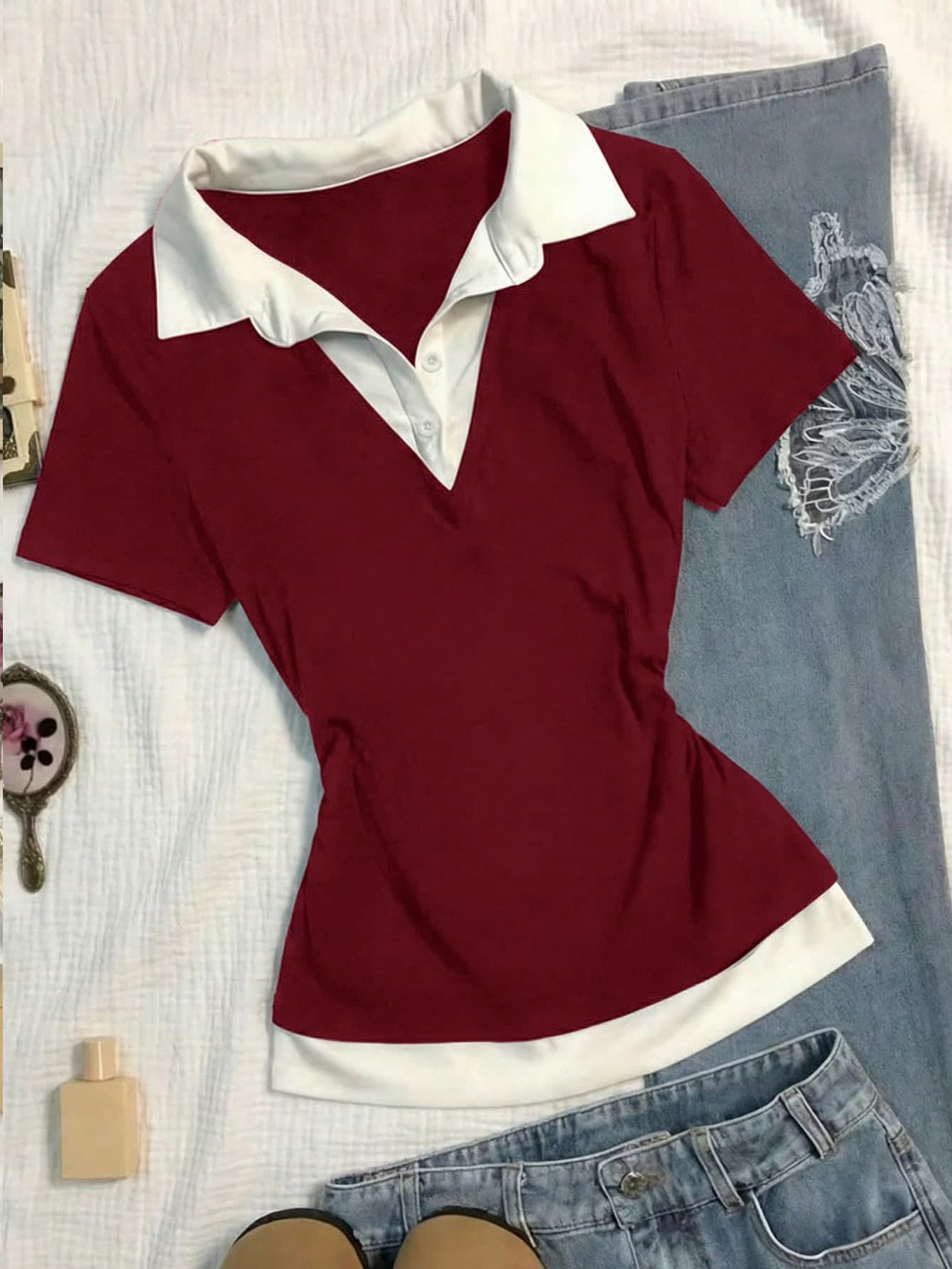 Teen Girls T-Shirts Burgundy And White Contrast Collar Short Sleeve Casual T-Shirt