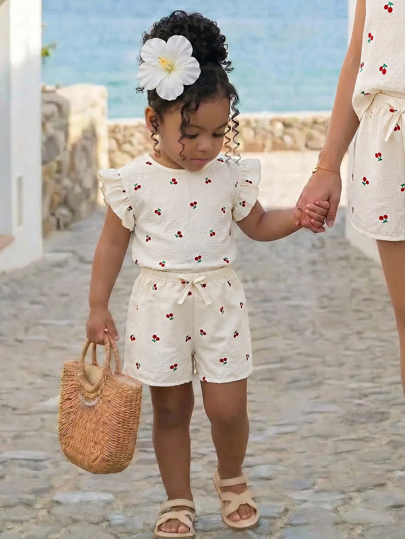 Cozy Pixies Baby Girl Summer Soft Comfortable Textured Ruffle Short Sleeve Top & Elastic Waist Shorts Casual Vacation 2-Piece Set