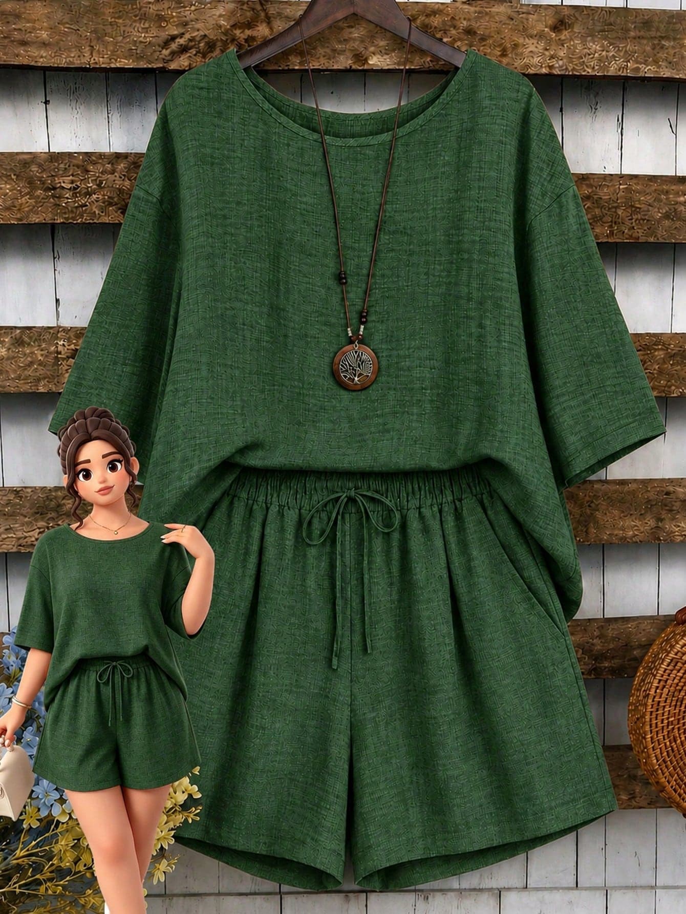 EMERY ROSE Plus Size Women 2-Piece Set Linen Asymmetrical Hem Round Neck 3/4 Sleeve Top And Loose Short Wide Leg Pants, Suitable For Casual Daily Wear