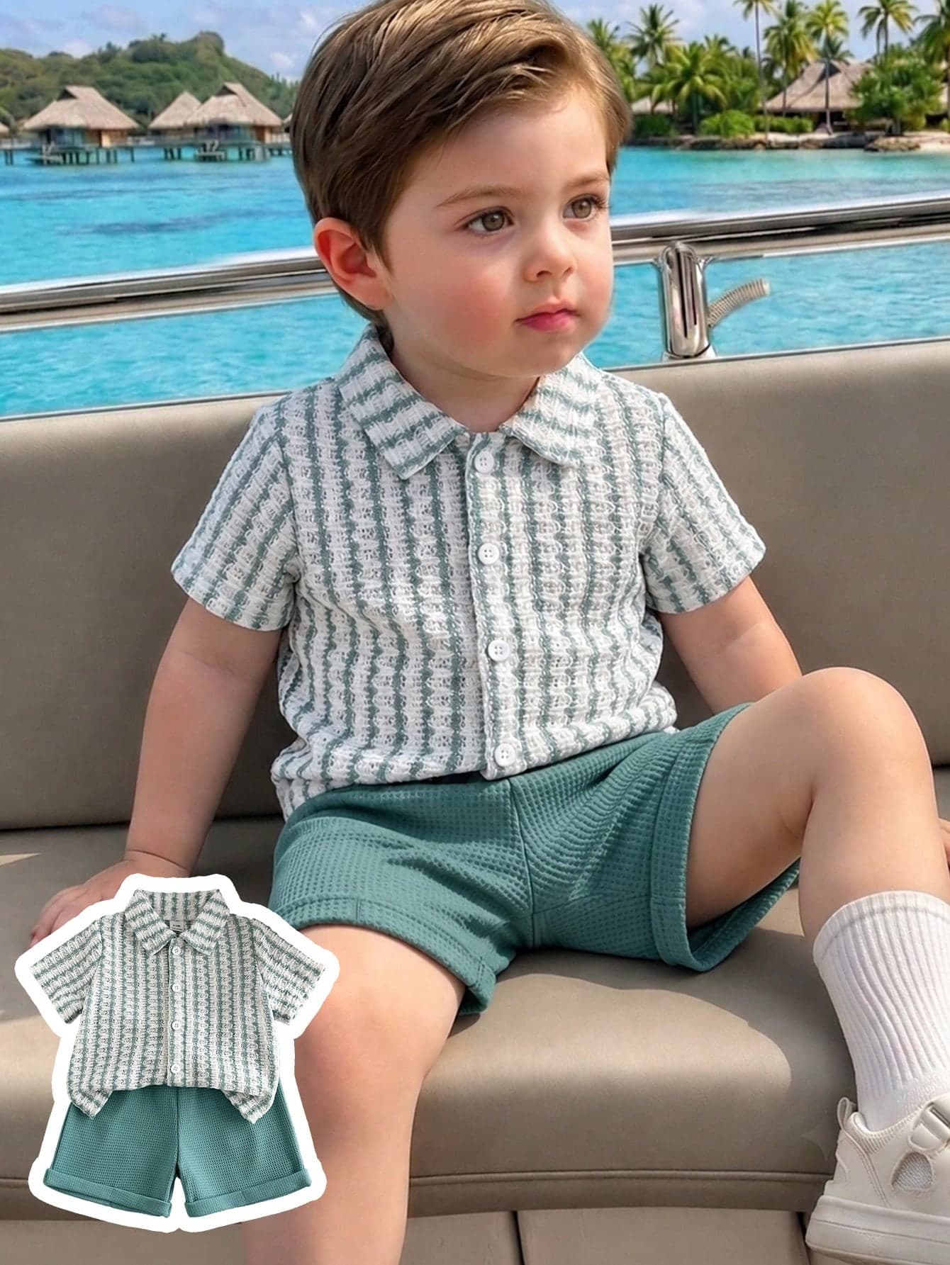 SHEIN Playful Pals 2pcs Baby Boy Summer Casual Vacation Knit Striped Shirt And Blue Casual Shorts, Suitable For Birthday Party, Rave, Evening Party, Performance, Wedding, Full Moon, Baptism And First Birthday Celebration, Wedding Guest, Baby Shower Christening Outfit Baby Boy Vacation Set