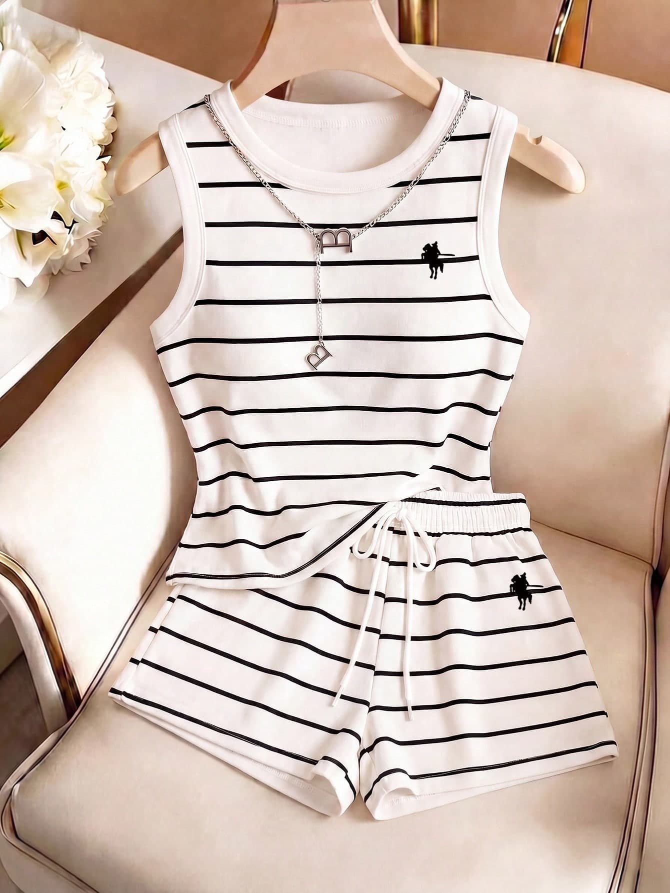 Resyla New Fashion Casual Black Striped Print Round Neck Basic Tank Top & Shorts 2-Piece Set