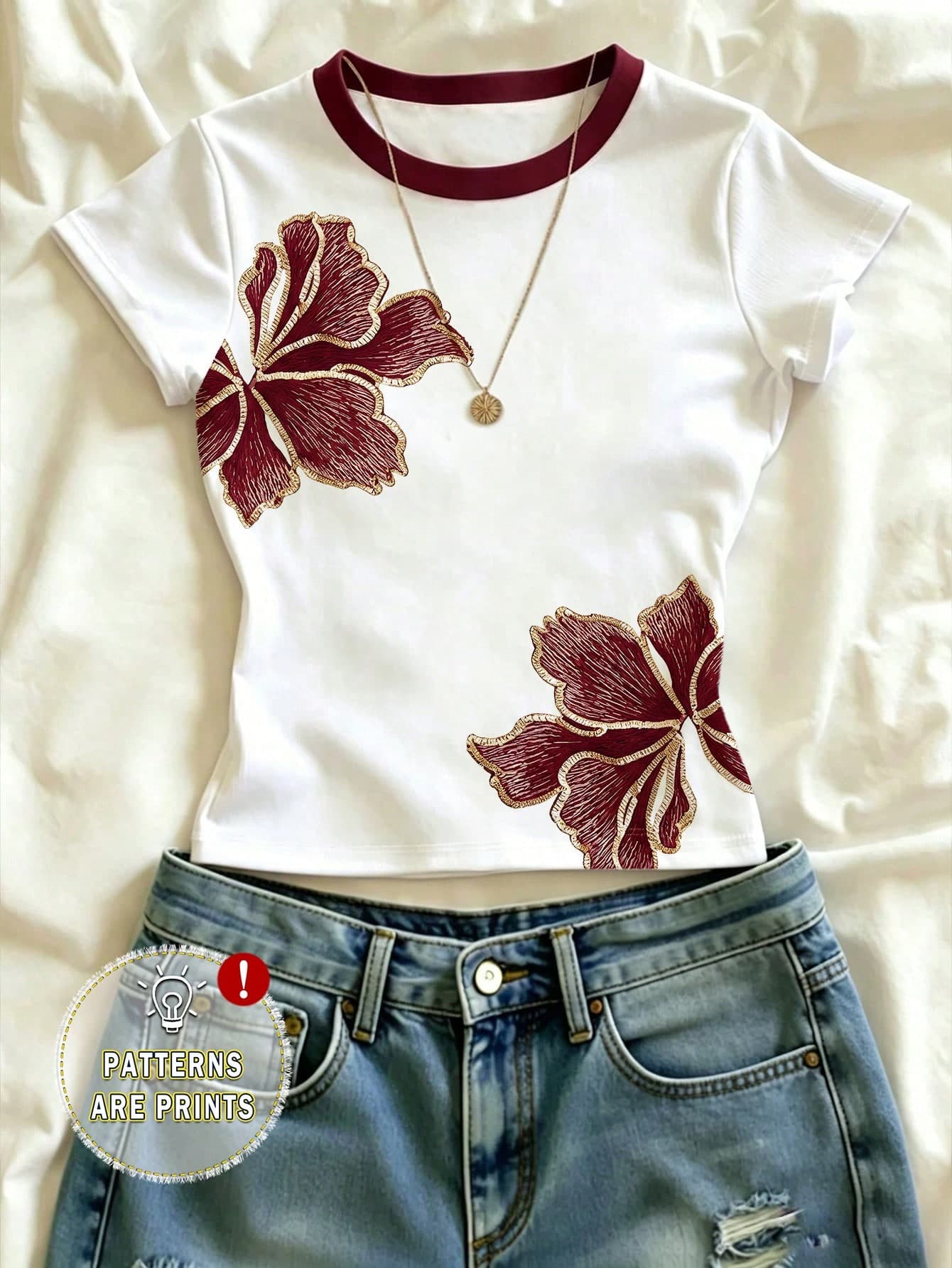 Summer Girls' Fashion Personalized Fresh Floral Pattern Print Casual Style Basic Fitted Short Top