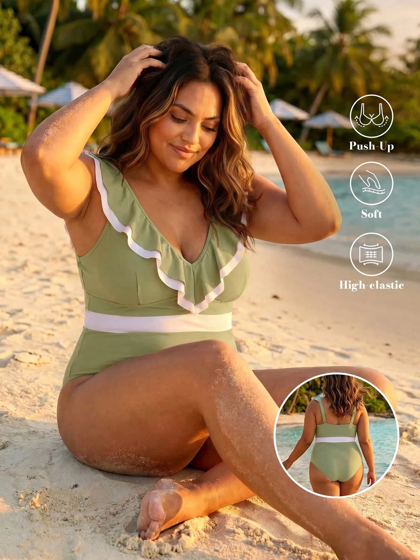 ELLERISSA Plus Size Green V-Neck Frill Trim One-Piece Swimsuit