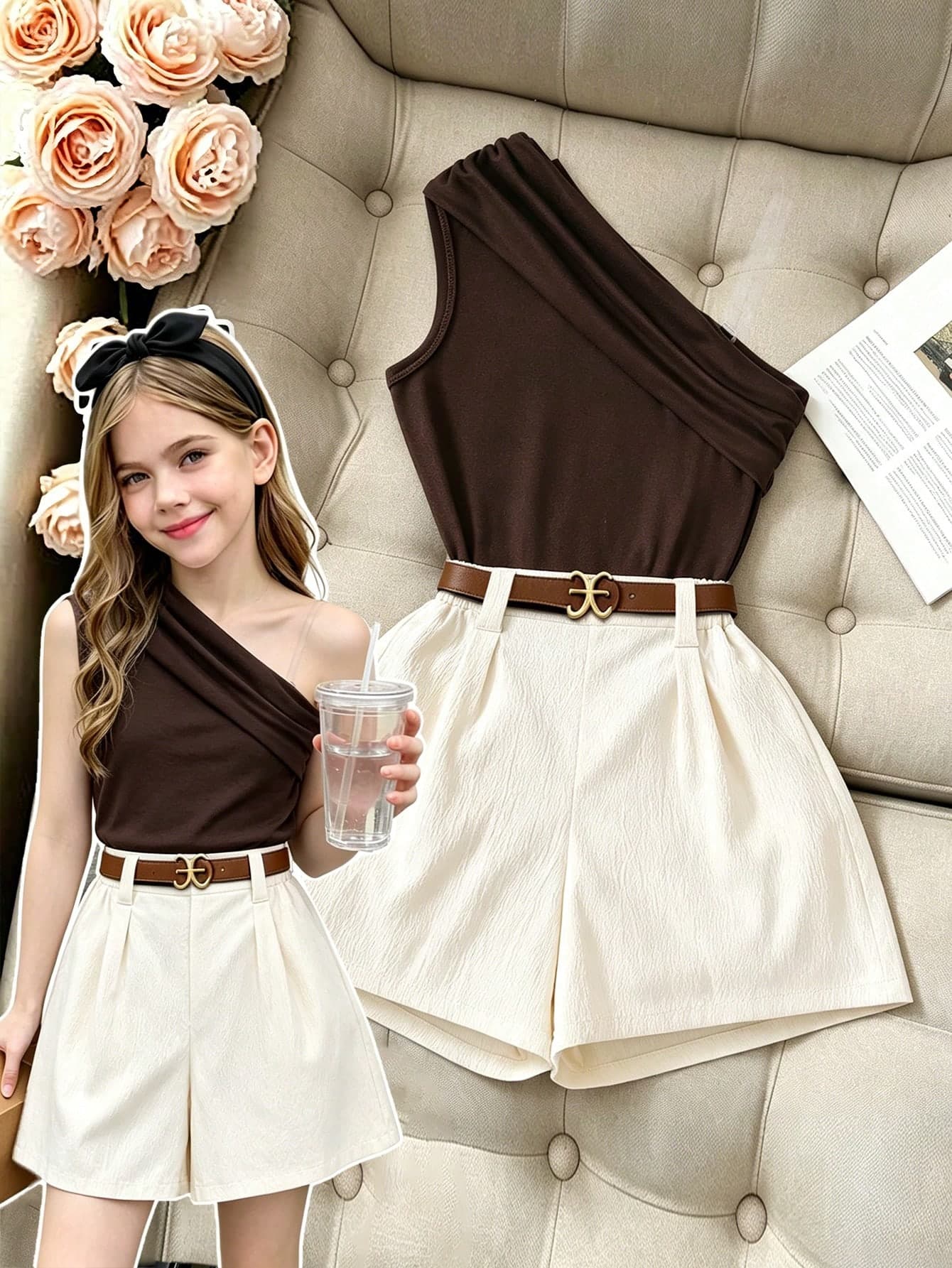 SHEIN 1 Set Tween Girls Spring/Summer New Fashion Old Money Style Versatile Asymmetrical Shoulder Tank Top & Shorts Set, Colorblock Waist-Flattering Camisole Pullover Top, Asymmetrical Blazer Shorts, Comfortable Fabric, Best Choice For Outings, Commuting, Elegant Parties