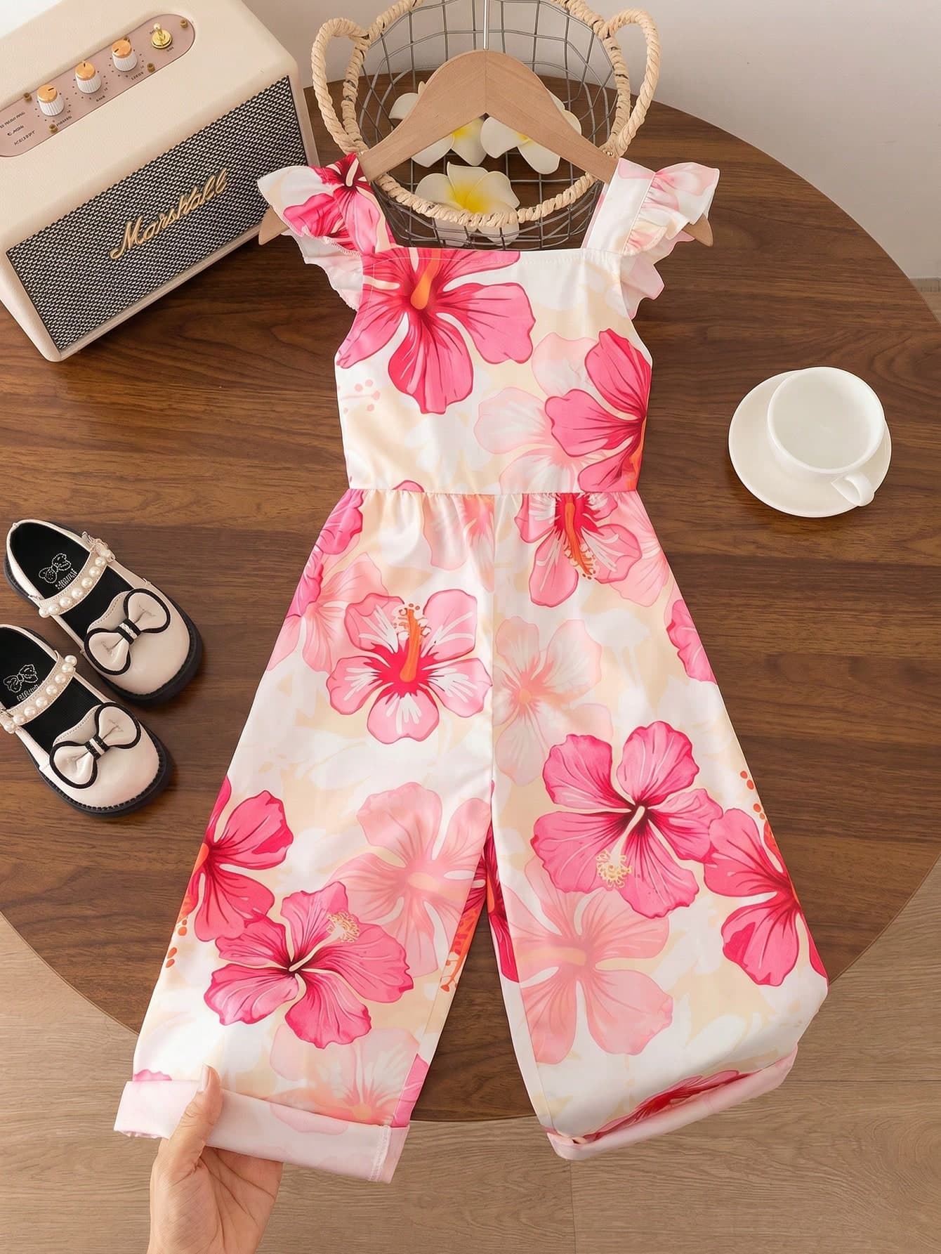 Girls Spring Summer Hibiscus Print Spaghetti Strap Jumpsuit, Square Neck Ruffle Sleeve Loose Casual Romper For Daily Outings, Vacation