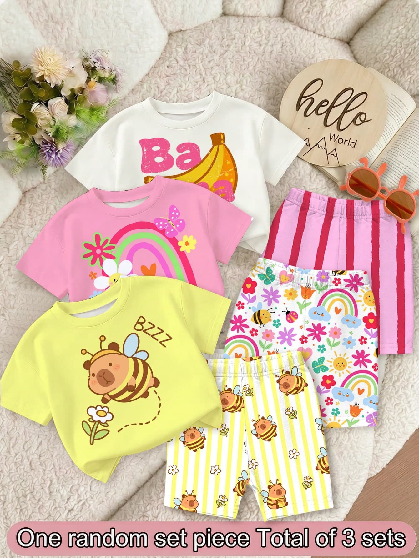 SHEIN Baby Girl Simple Casual Fresh Cute Cartoon Kawaii Little Bee & Flower, Yellow & White Striped, Round Neck Short Sleeve T-Shirt & Fitted Leggings Set, Suitable For Spring/Summer, Surprise Blind Box, Graphic, Kawaii, Cozy, Vacation, Buy 6 Get 2 Free