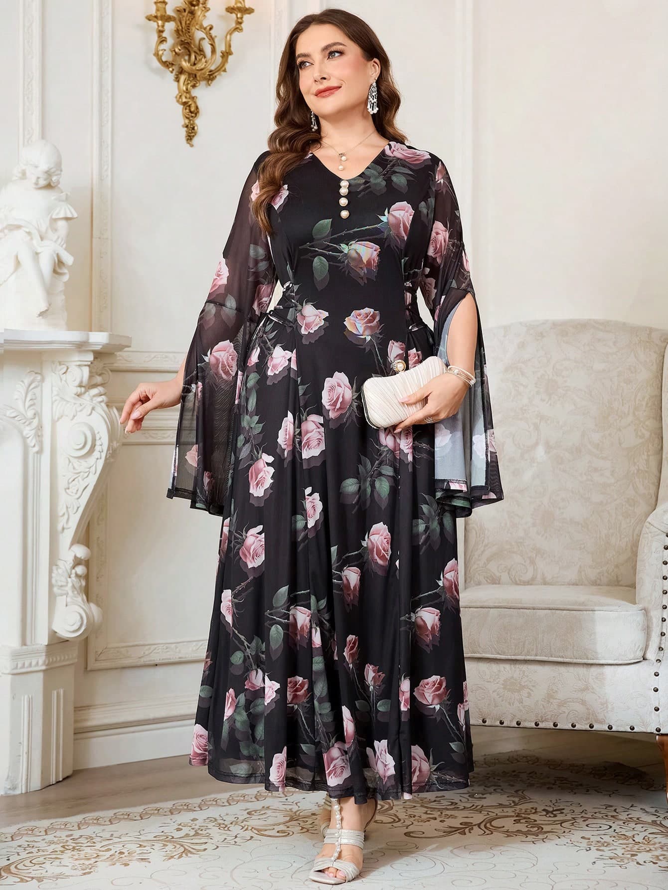 SHEIN Clasi Plus Size Elegant Party Floral Print Cape Sleeve Dress Black And Gold Summer