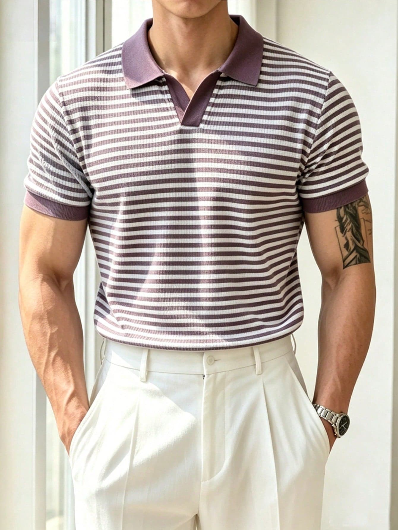 Manfinity Homme Men's Striped Contrast Color Fashionable Versatile Short Sleeve Polo Shirt