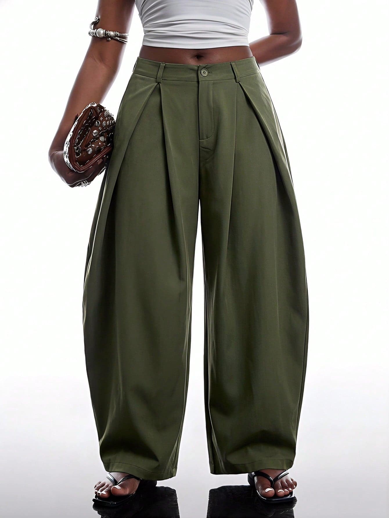 SHEIN EZwear Vintage Casual Street Style Loose Fit Olive Green Curved Hem Plus Size Pants, Autumn/Winter Wide Leg Pants Fall