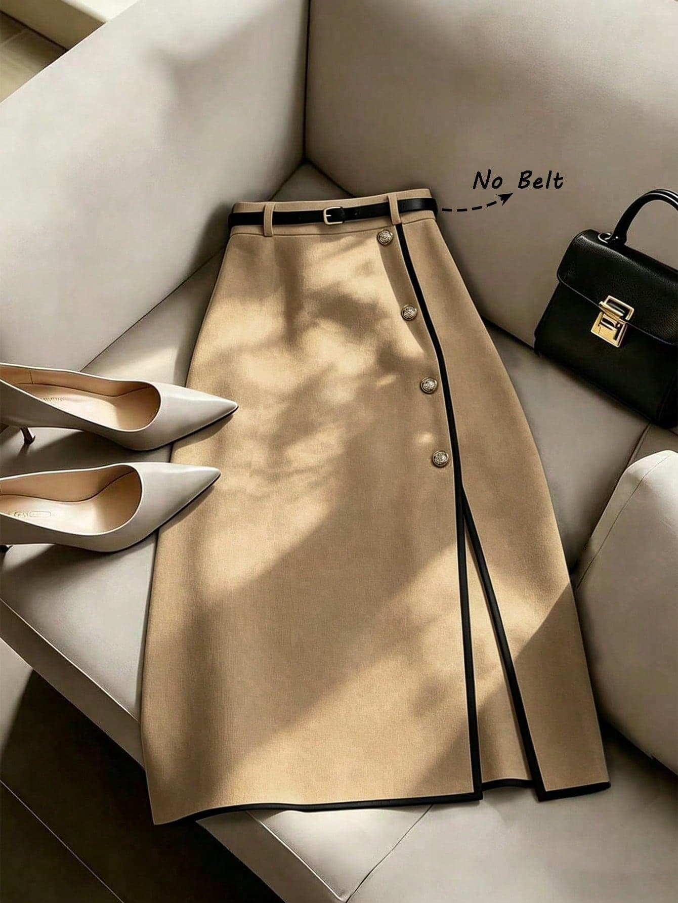 Franclia Women's Elegant Waist-Cinching Bodycon Color-Block Hem Slit Long Skirt, Summer Outfit, Spring Clothing, Party, Wedding And Events, Elegant Skirt, Holiday Outfit, Casual Skirt, Apricot Skirt, Color-Block Hem, Metal Buckle, Slit, A-Line Skirt, Luxurious And Noble