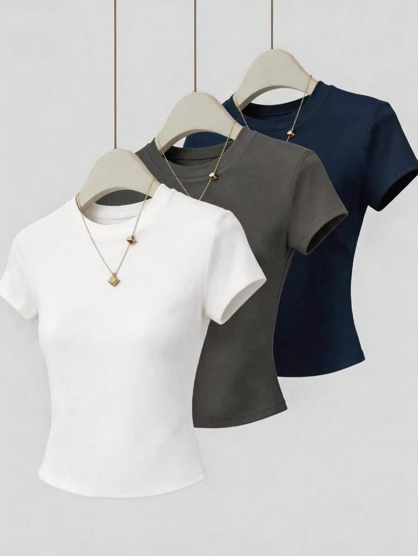 valorelle valorelle Women's Solid Color Round Neck Short Sleeve Casual Versatile T-Shirt Everyday Navy Blue Dark Grey White Summer