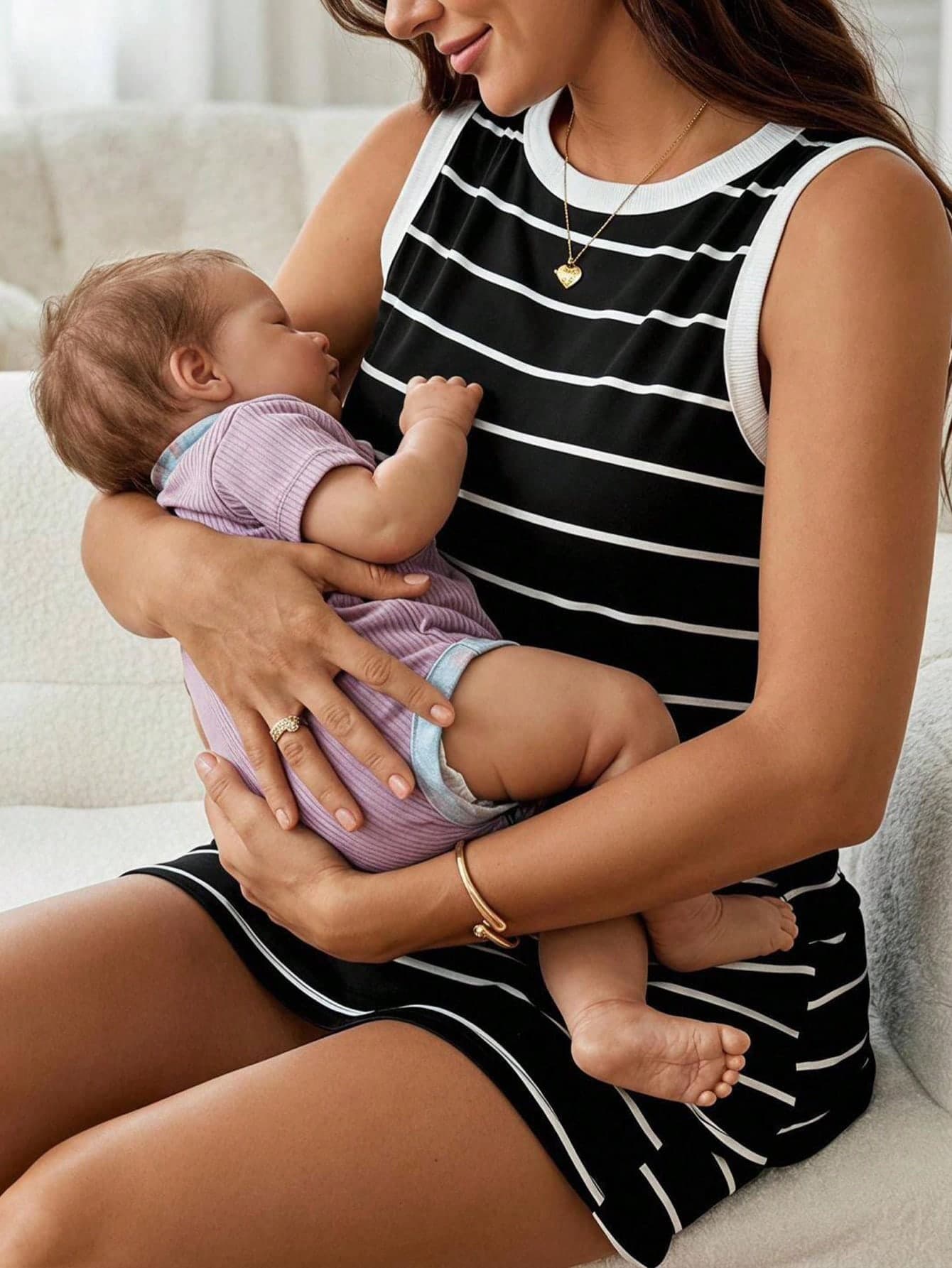 Slowluna Maternity Round Neck Striped Patchwork Colorblock Adjustable Waist Shorts Casual Daily 2 Pieces Set Loungewear
