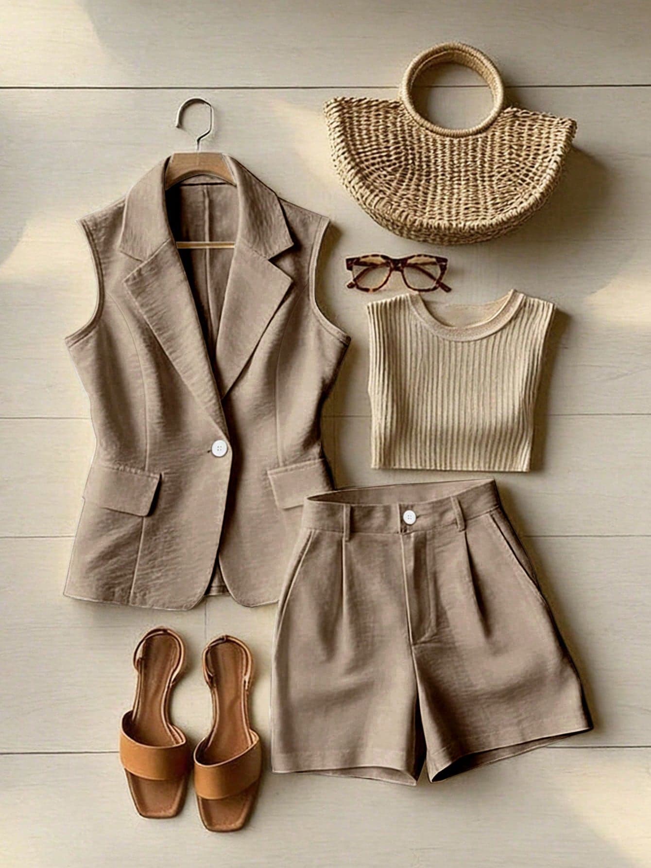 Franclia Women's Elegant Khaki Summer Sleeveless Suit Set,Textured Fabric High-Waisted Shorts,Versatile Holiday Vacation Outfit For Commuting And Daily Wear
