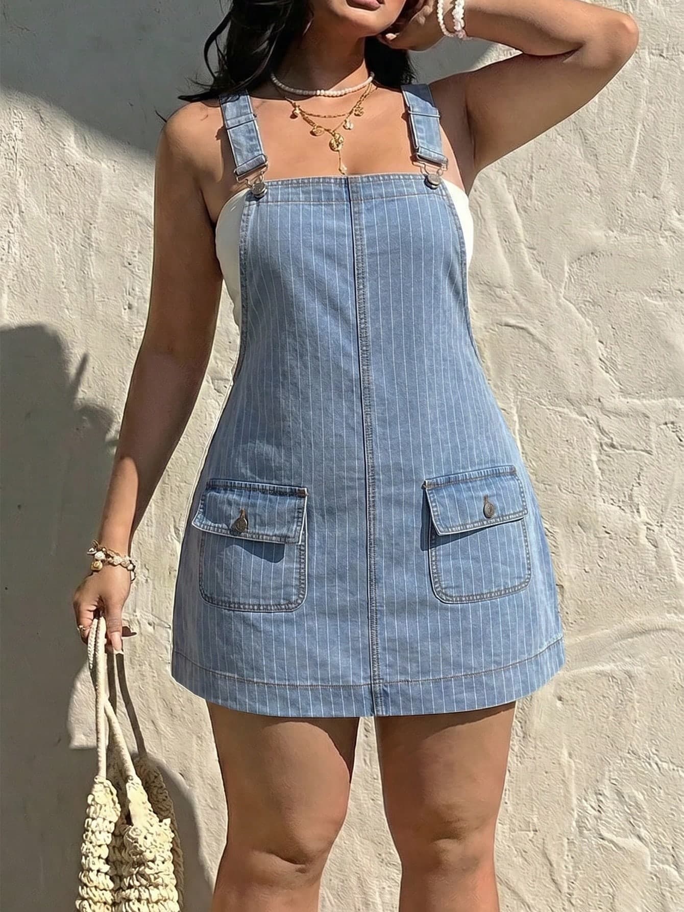 Rivivi Plus Size Women's Fashion Casual Striped Denim Overall Dress