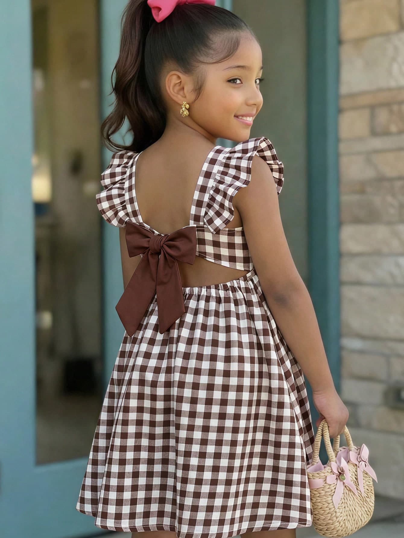 SHEIN Kids Children Young Girls Plaid Pattern Square Neck Ruffle Hem Casual 80s Cute Dress Birthday Holiday Brown Plaid Pattern Summer Vacation