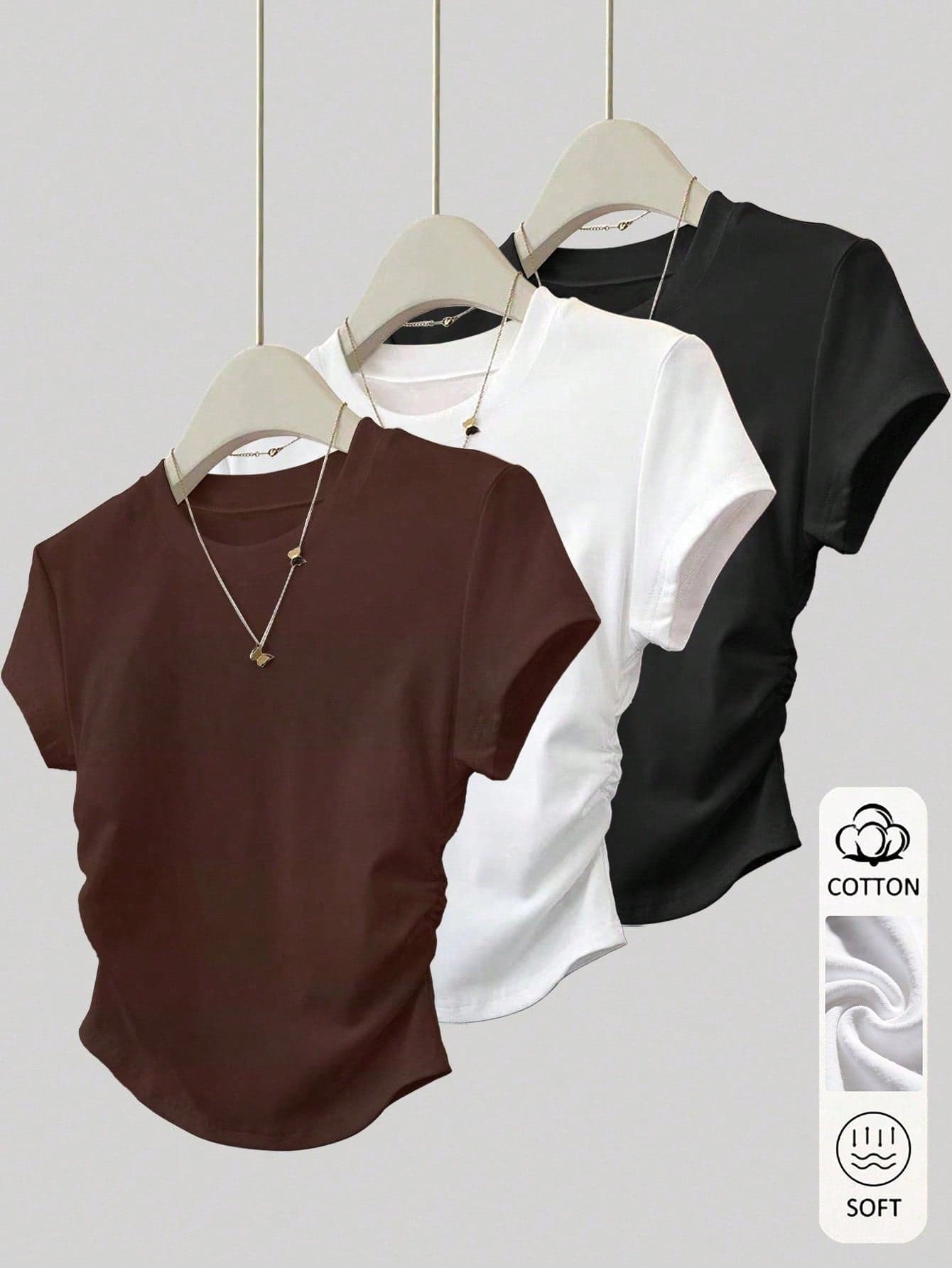 Resyla Women's Outerwear Tops, 3 Pieces Set, Summer New Short Sleeve Waist-Cinching T-Shirts, Black, White, Coffee Khaki, Outdoor, Student, Women's Waist-Cinching T-Shirts