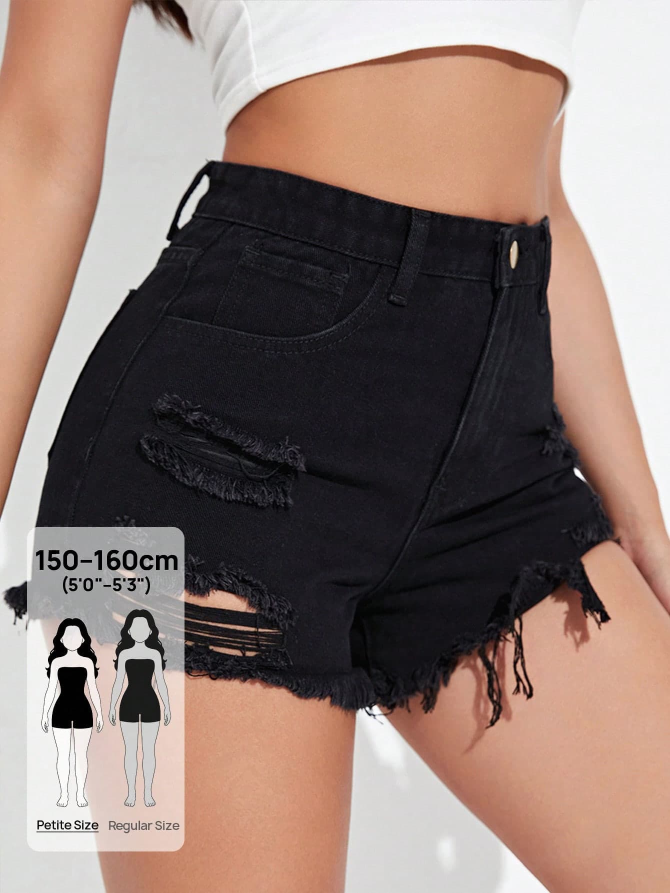 SHEIN PETITE Women's Outdoor Going Out Commute Distressed Ripped Hem Fashion Casual Versatile Black Denim Shorts None, Back-To-School, Independence Day Summer