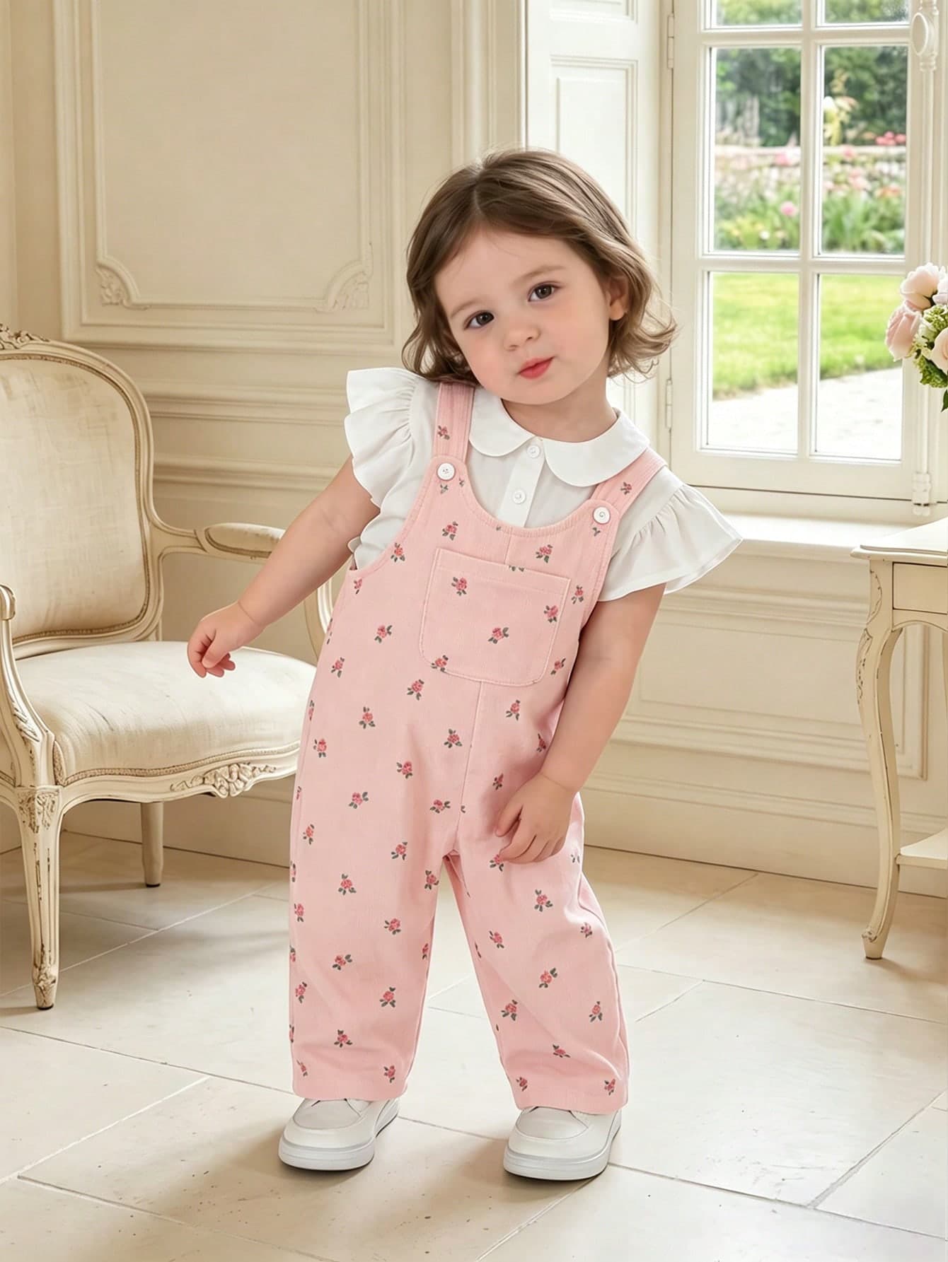 Souflis Souflis Baby Girls Unisex Infant Toddler 0-3 Years Spring/Autumn Heart Print Pink Corduroy Overalls Set With Chest Pocket, Casual Fit For Outings And Home Wear