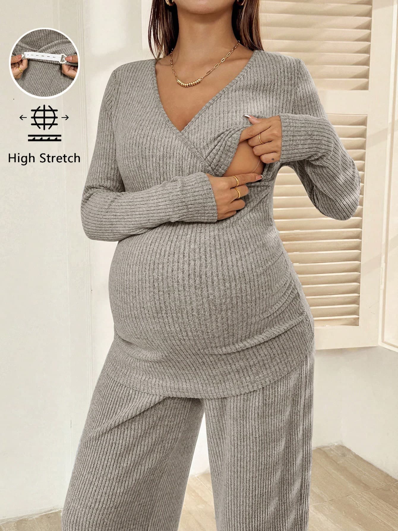 SHEIN Maternity Solid Color Long Sleeve Top And Adjustable Waist Pants Casual Nursing 2 Pieces Set Fall